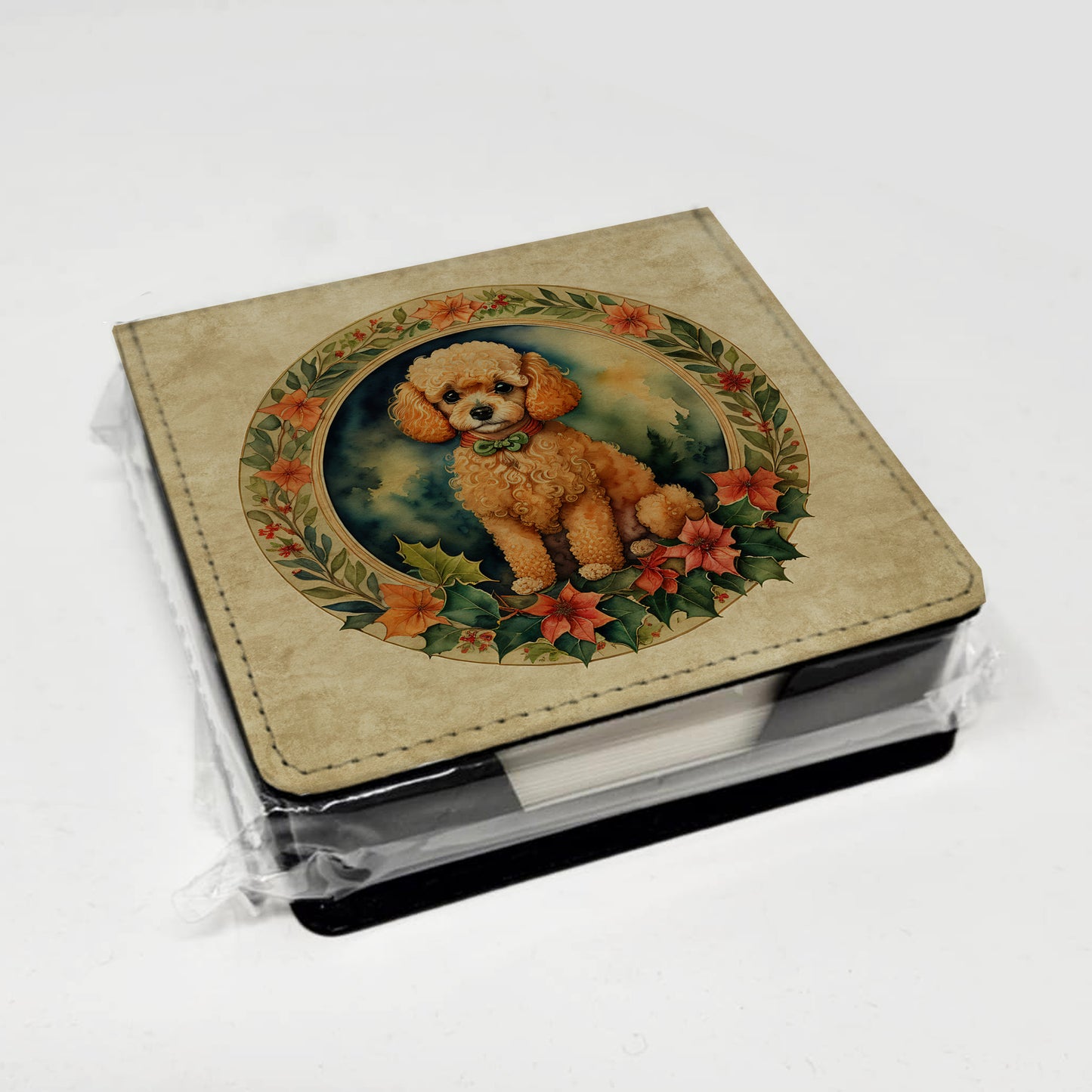 Poodle Christmas Flowers PU Leather Note Paper Holder