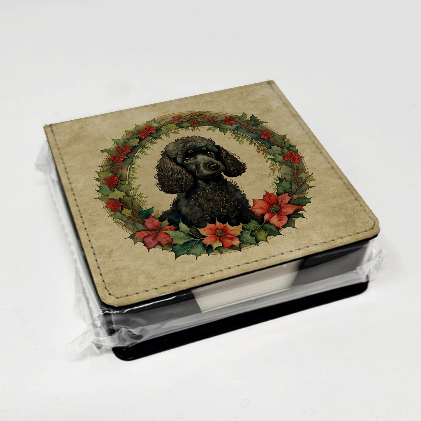 Poodle Christmas Flowers PU Leather Note Paper Holder