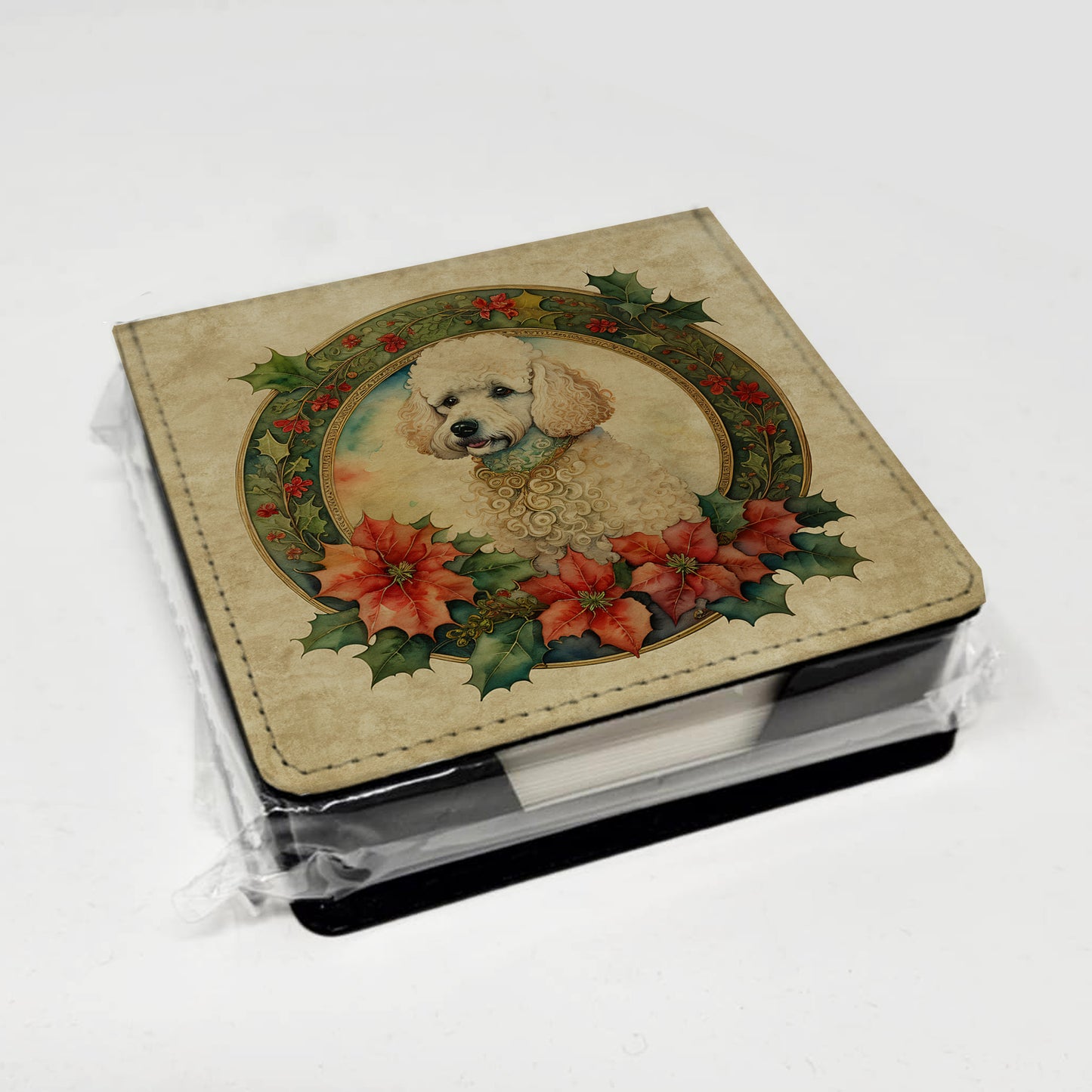 Poodle Christmas Flowers PU Leather Note Paper Holder