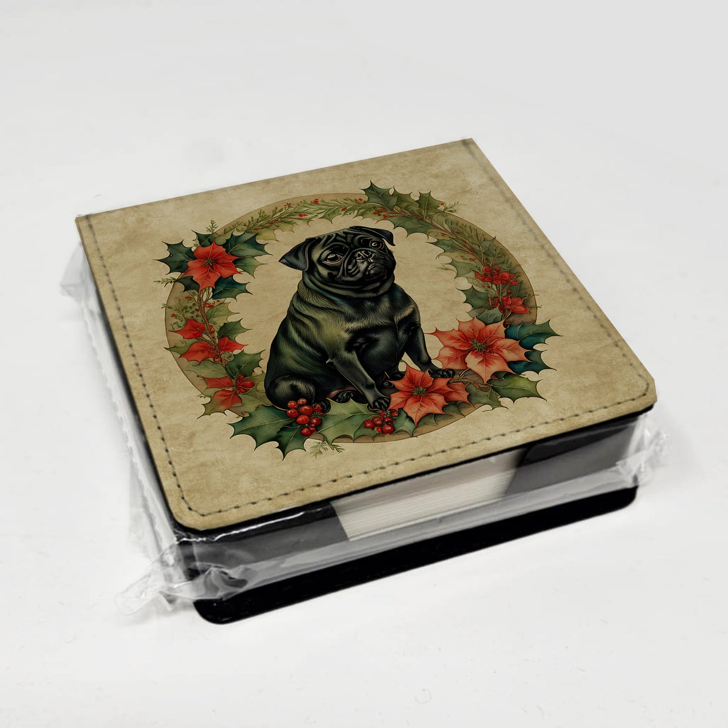 Pug Christmas Flowers PU Leather Note Paper Holder