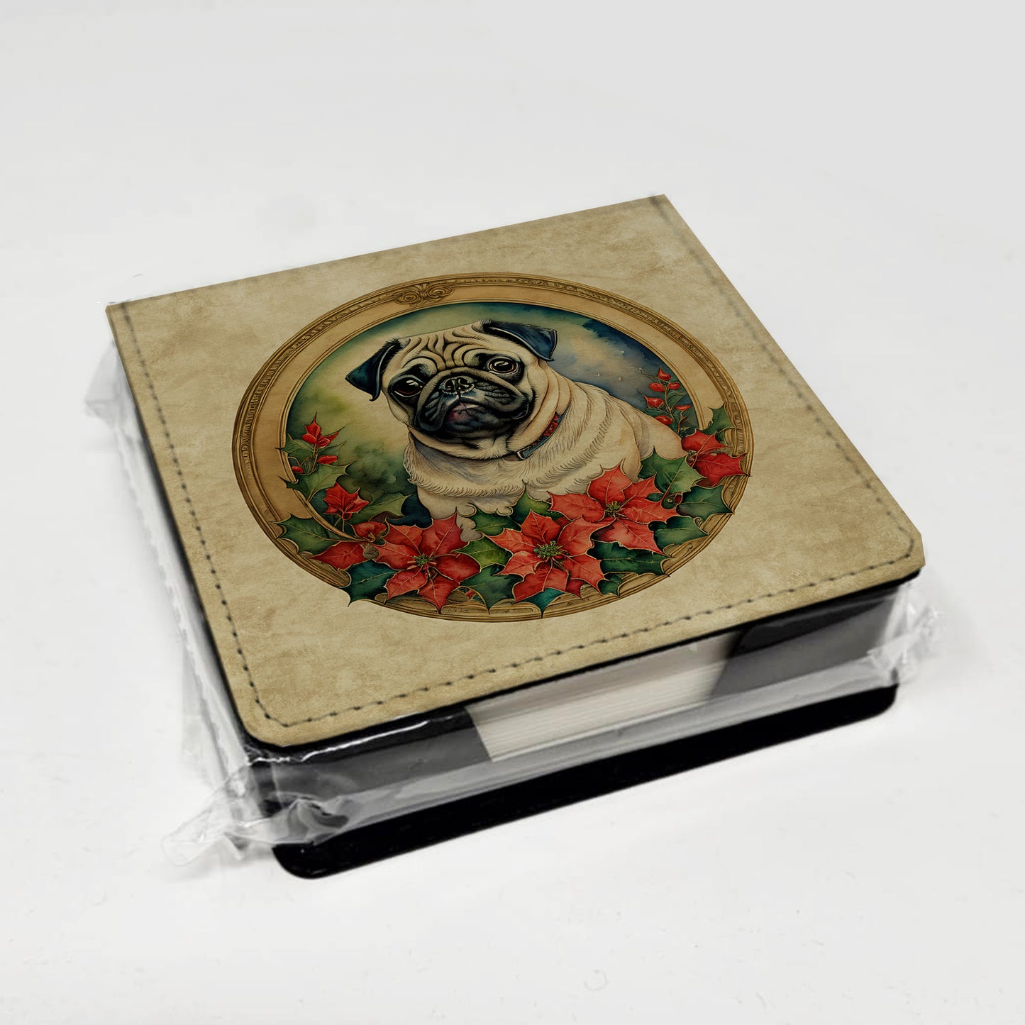 Pug Christmas Flowers PU Leather Note Paper Holder