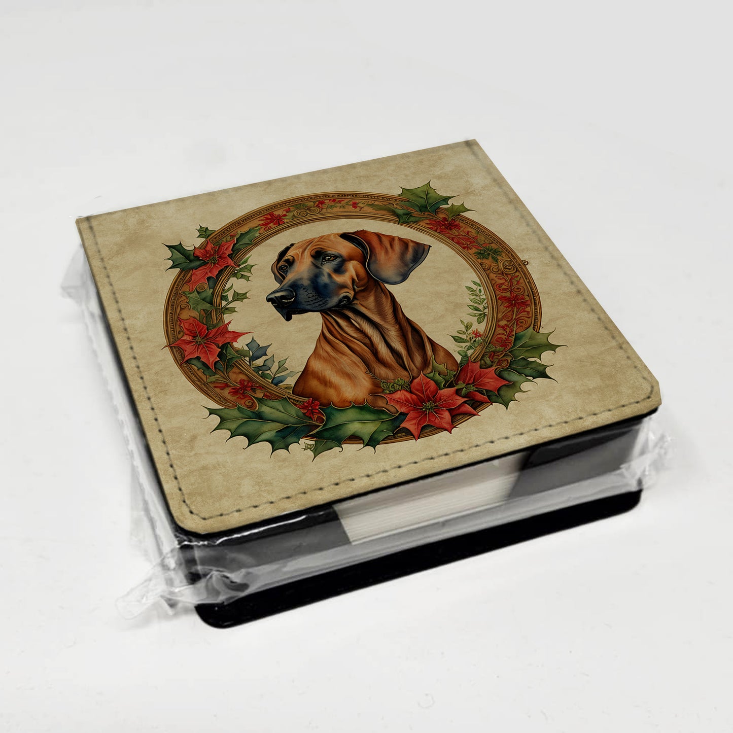 Rhodesian Ridgeback Christmas Flowers PU Leather Note Paper Holder