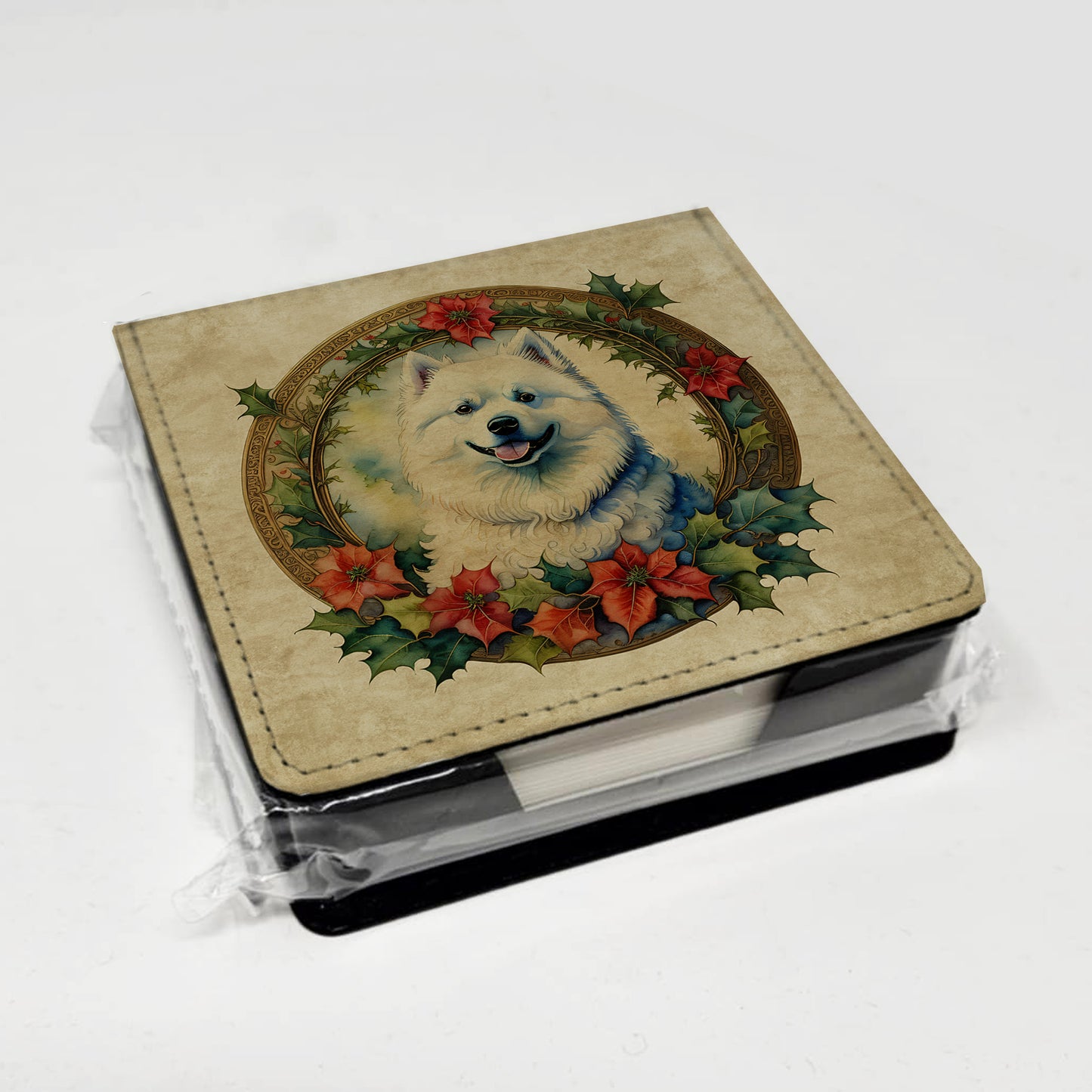Samoyed Christmas Flowers PU Leather Note Paper Holder