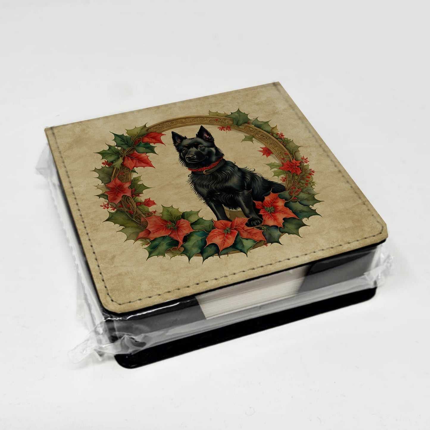 Schipperke Christmas Flowers PU Leather Note Paper Holder