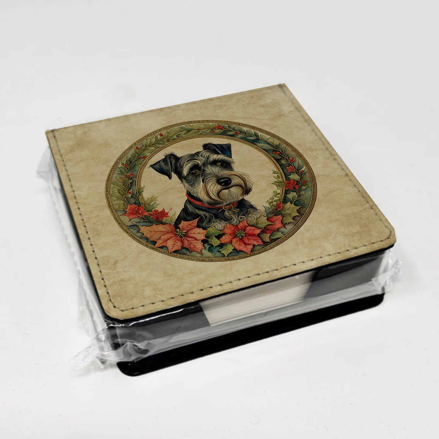 Schnauzer Christmas Flowers PU Leather Note Paper Holder