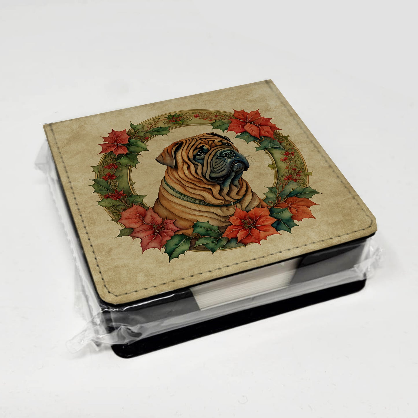 Shar Pei Christmas Flowers PU Leather Note Paper Holder