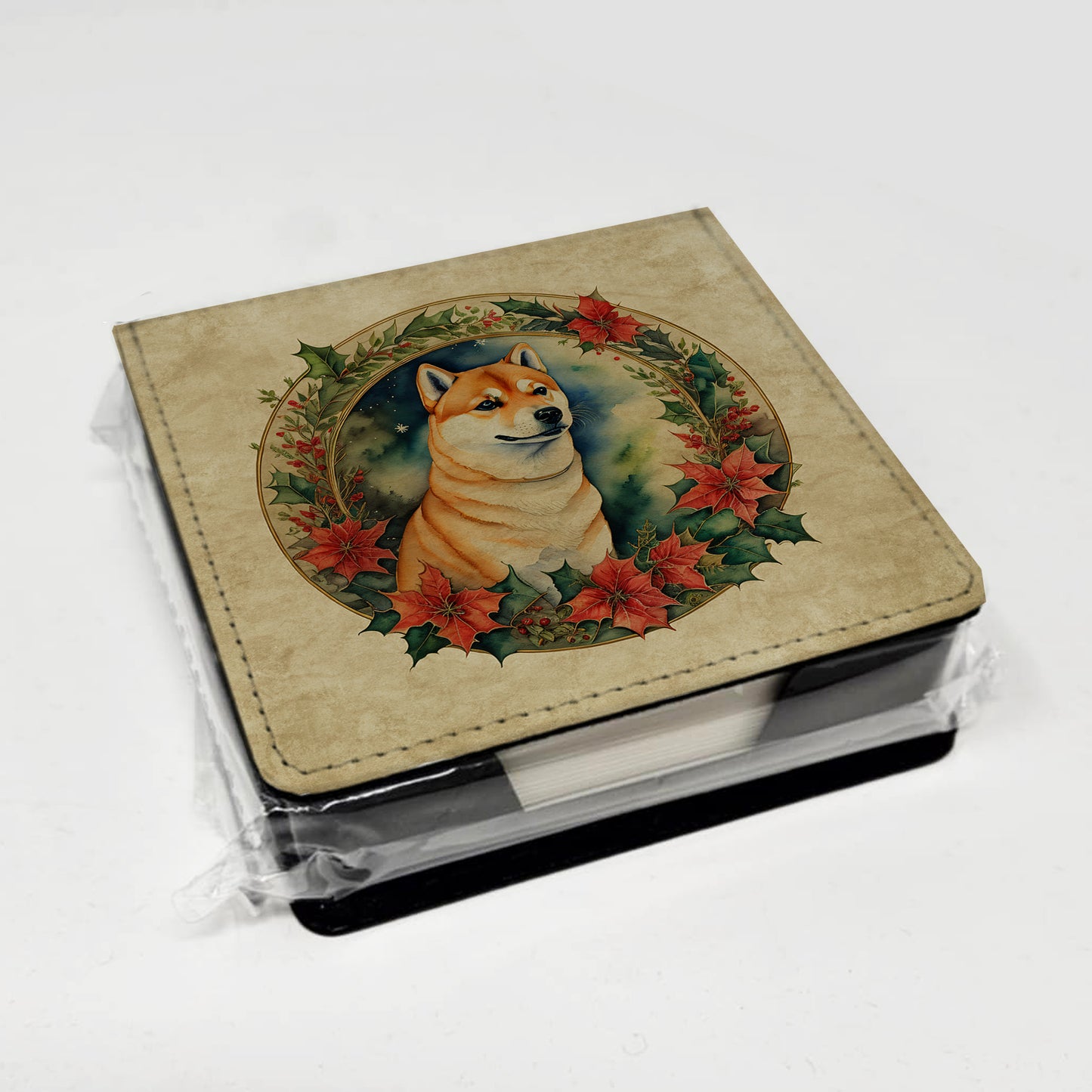 Shiba Inu Christmas Flowers PU Leather Note Paper Holder