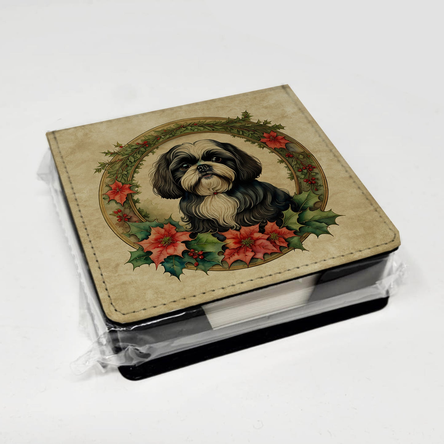 Shih Tzu Christmas Flowers PU Leather Note Paper Holder