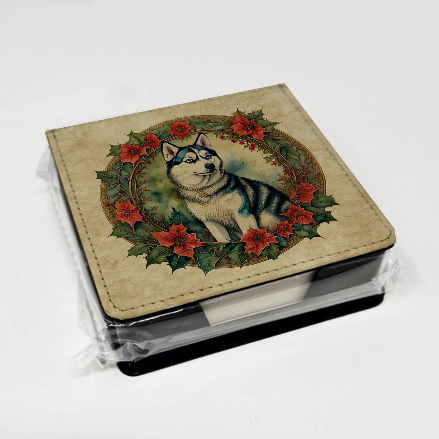 Siberian Husky Christmas Flowers PU Leather Note Paper Holder