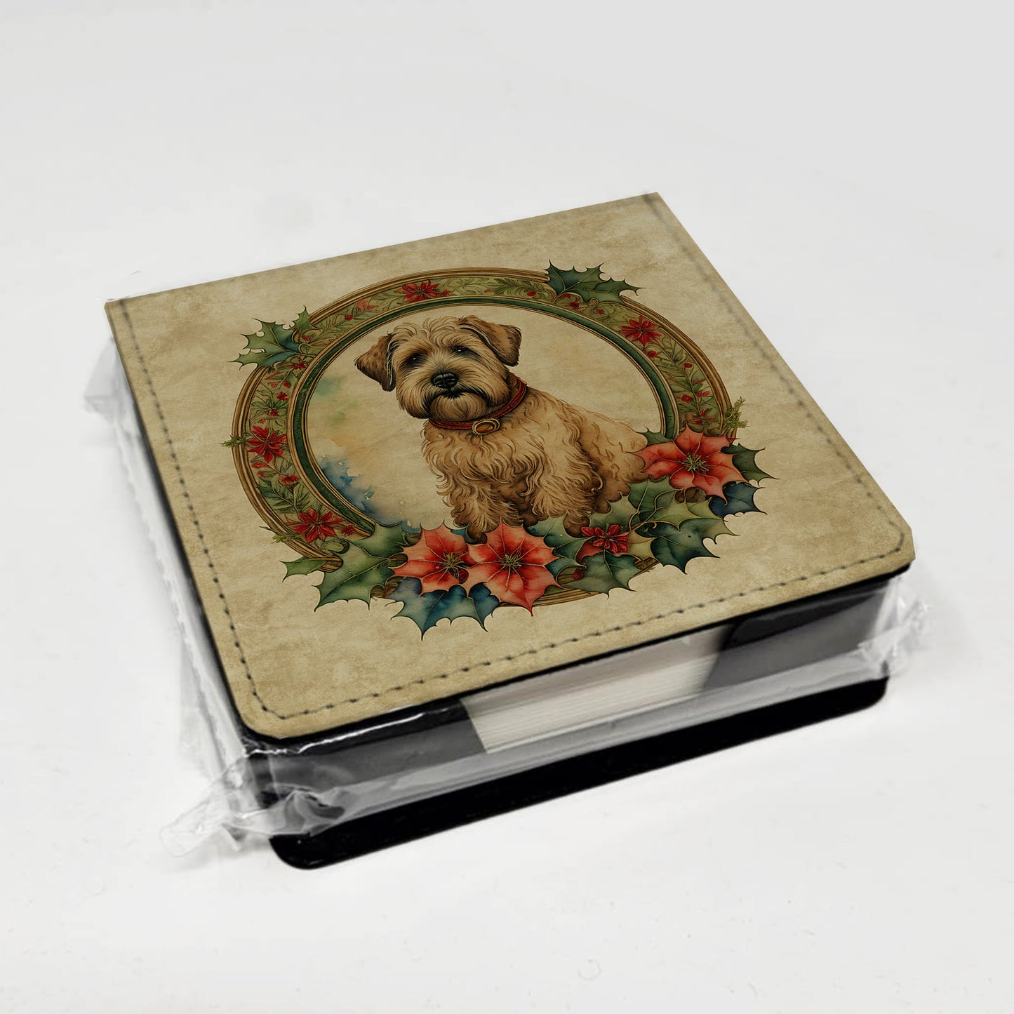 Wheaten Terrier Christmas Flowers PU Leather Note Paper Holder