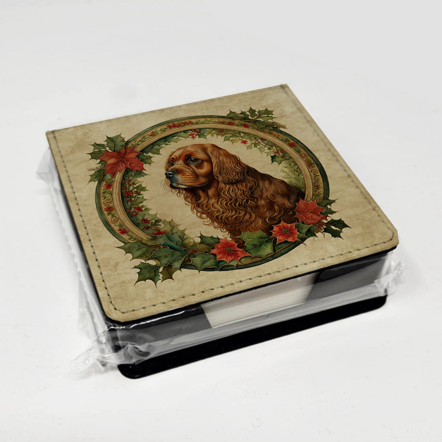 Sussex Spaniel Christmas Flowers PU Leather Note Paper Holder