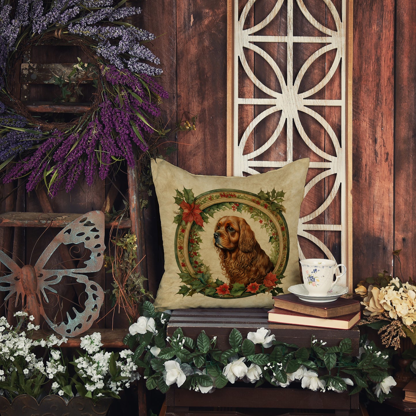 Sussex Spaniel Christmas Flowers Throw Pillow
