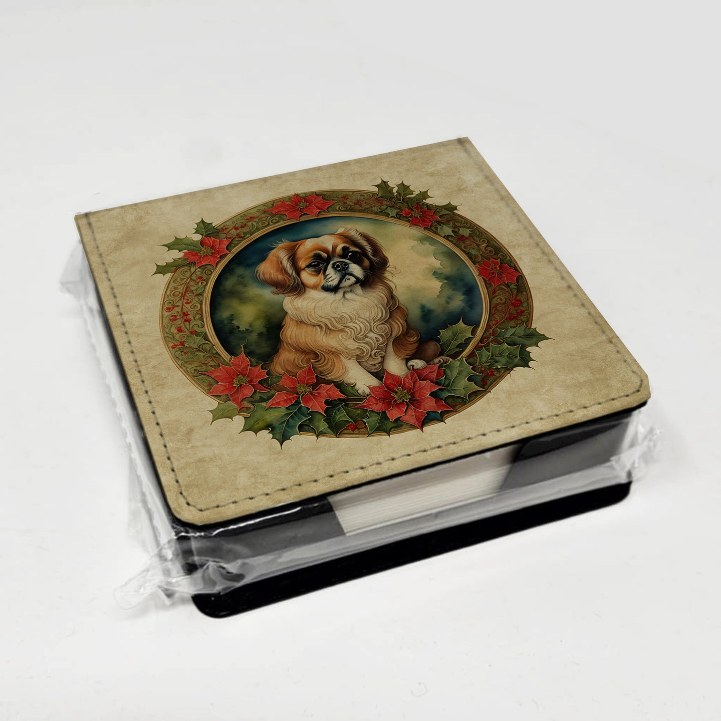 Tibetan Spaniel Christmas Flowers PU Leather Note Paper Holder