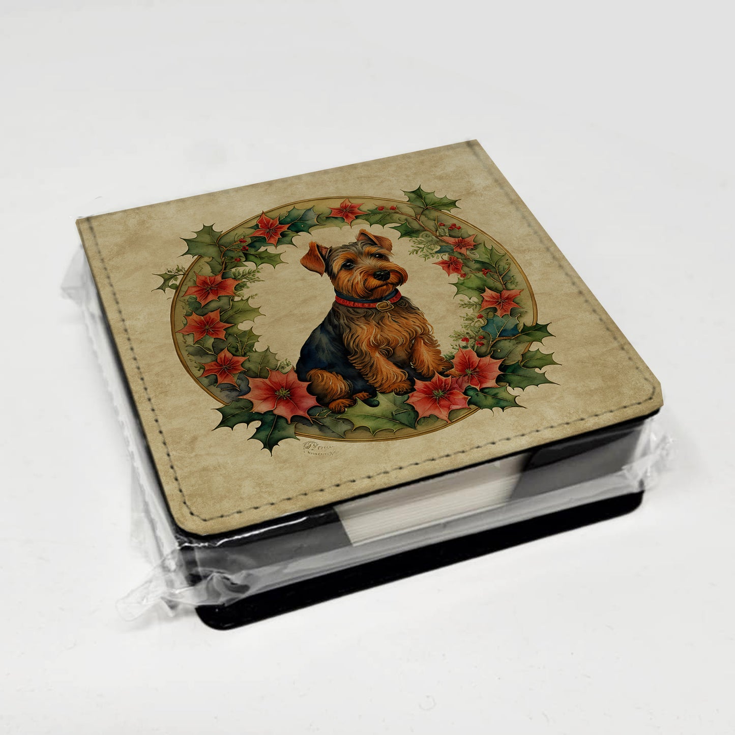 Welsh Terrier Christmas Flowers PU Leather Note Paper Holder