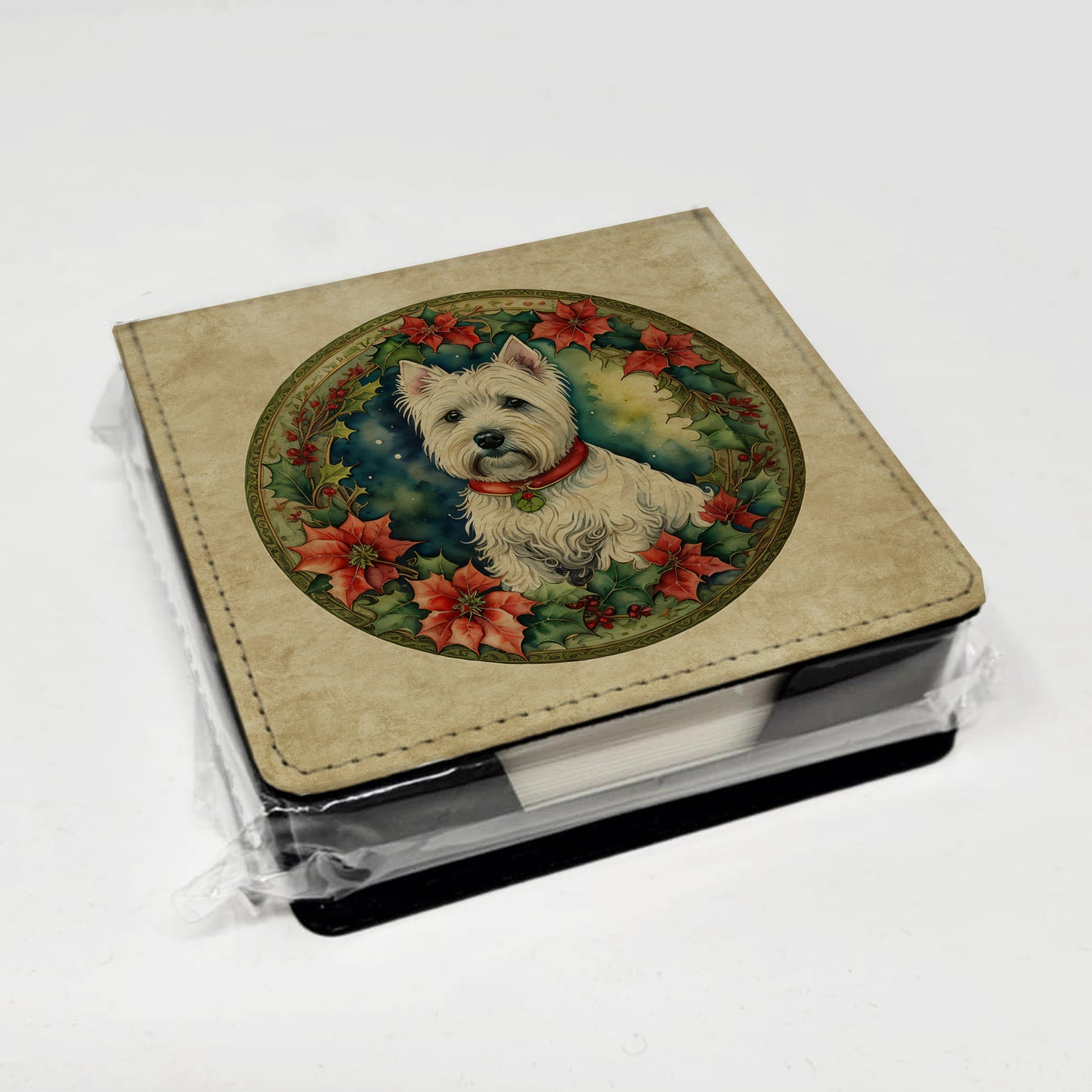 Westie Christmas Flowers PU Leather Note Paper Holder