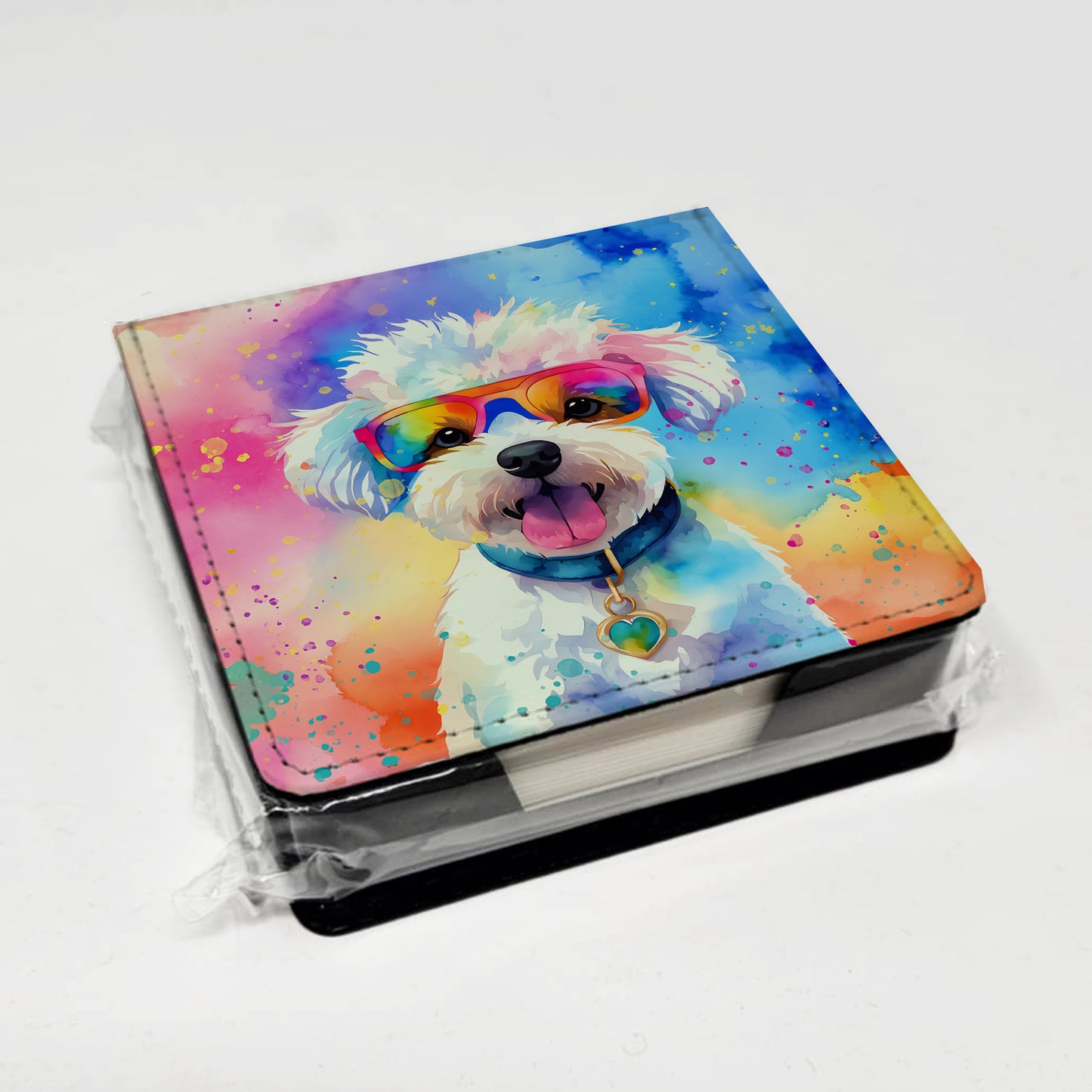 Bichon Frise Hippie Dawg PU Leather Note Paper Holder