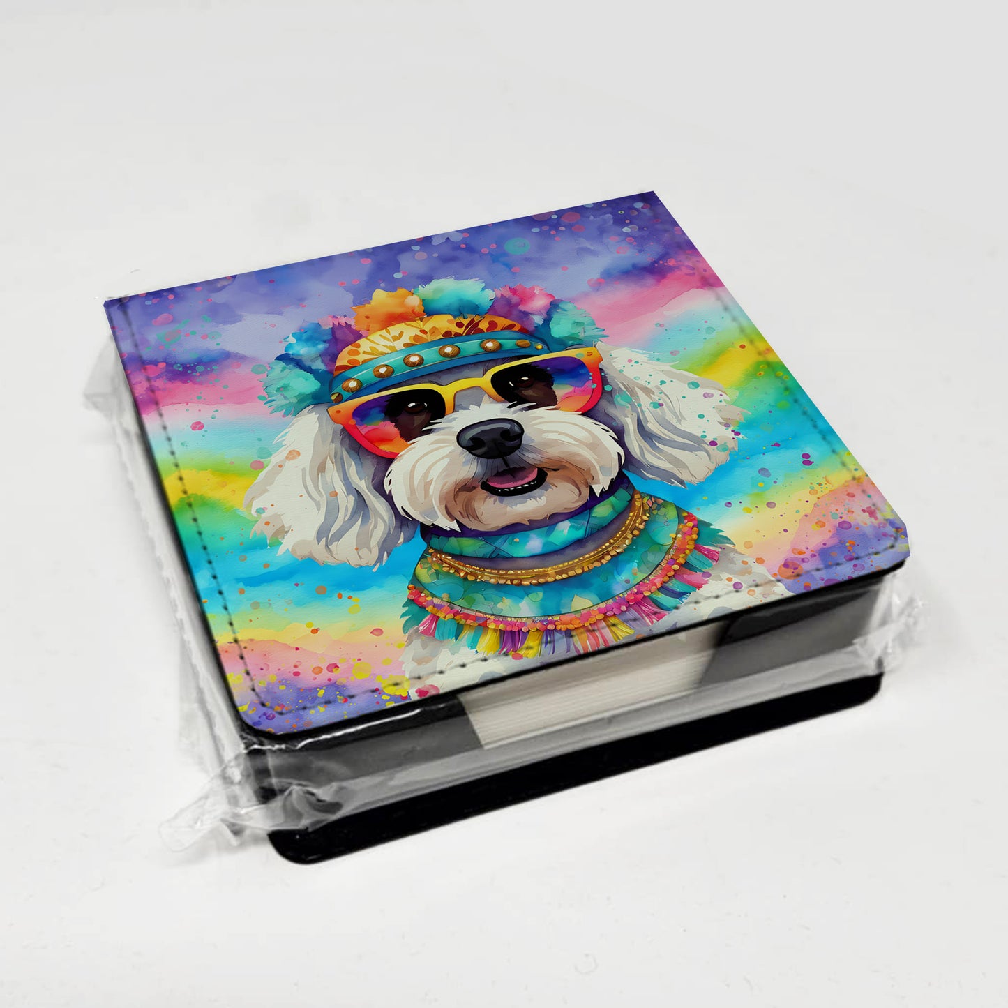 Bichon Frise Hippie Dawg PU Leather Note Paper Holder