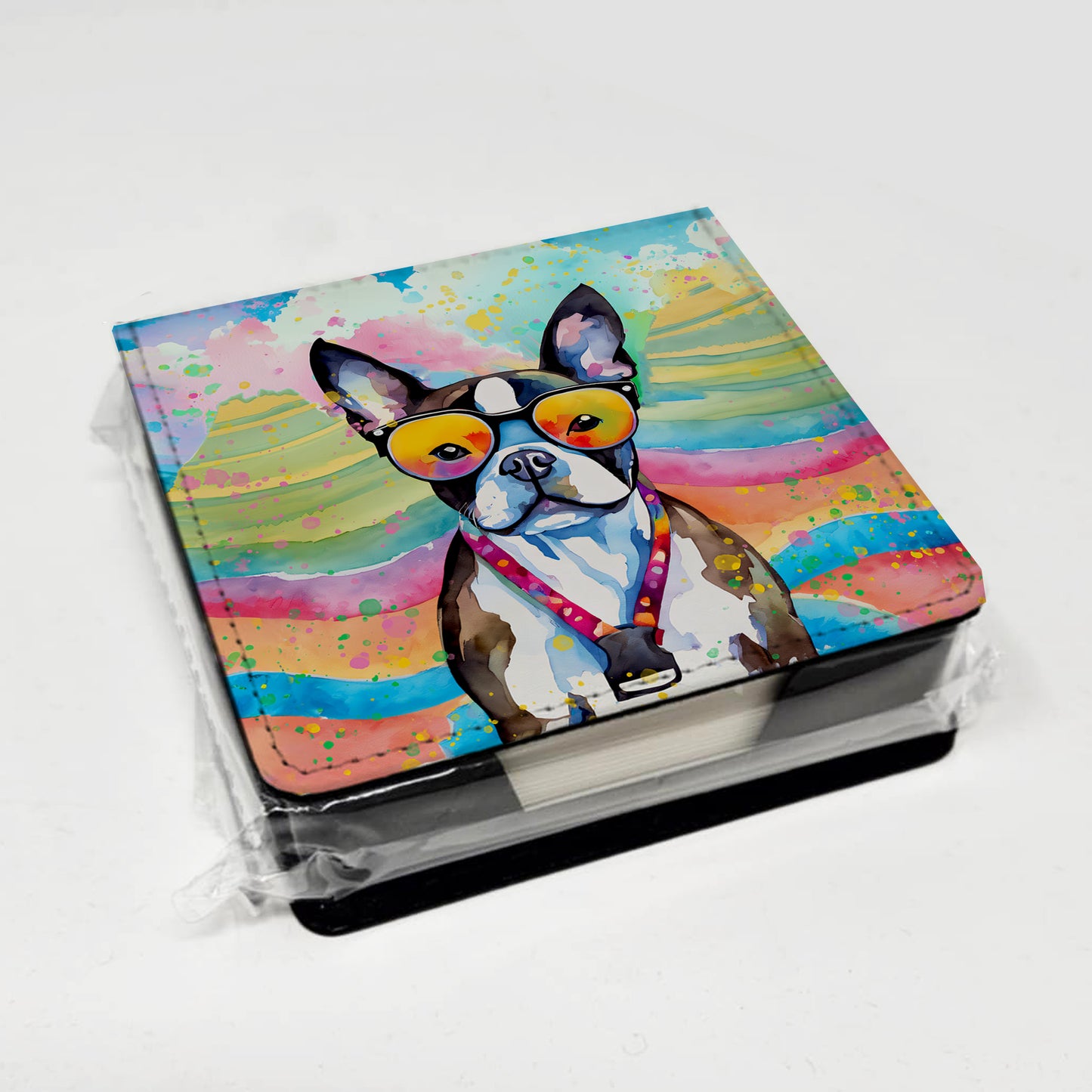 Boston Terrier Hippie Dawg PU Leather Note Paper Holder