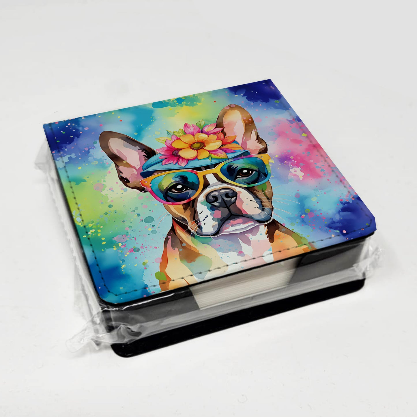 Boston Terrier Hippie Dawg PU Leather Note Paper Holder