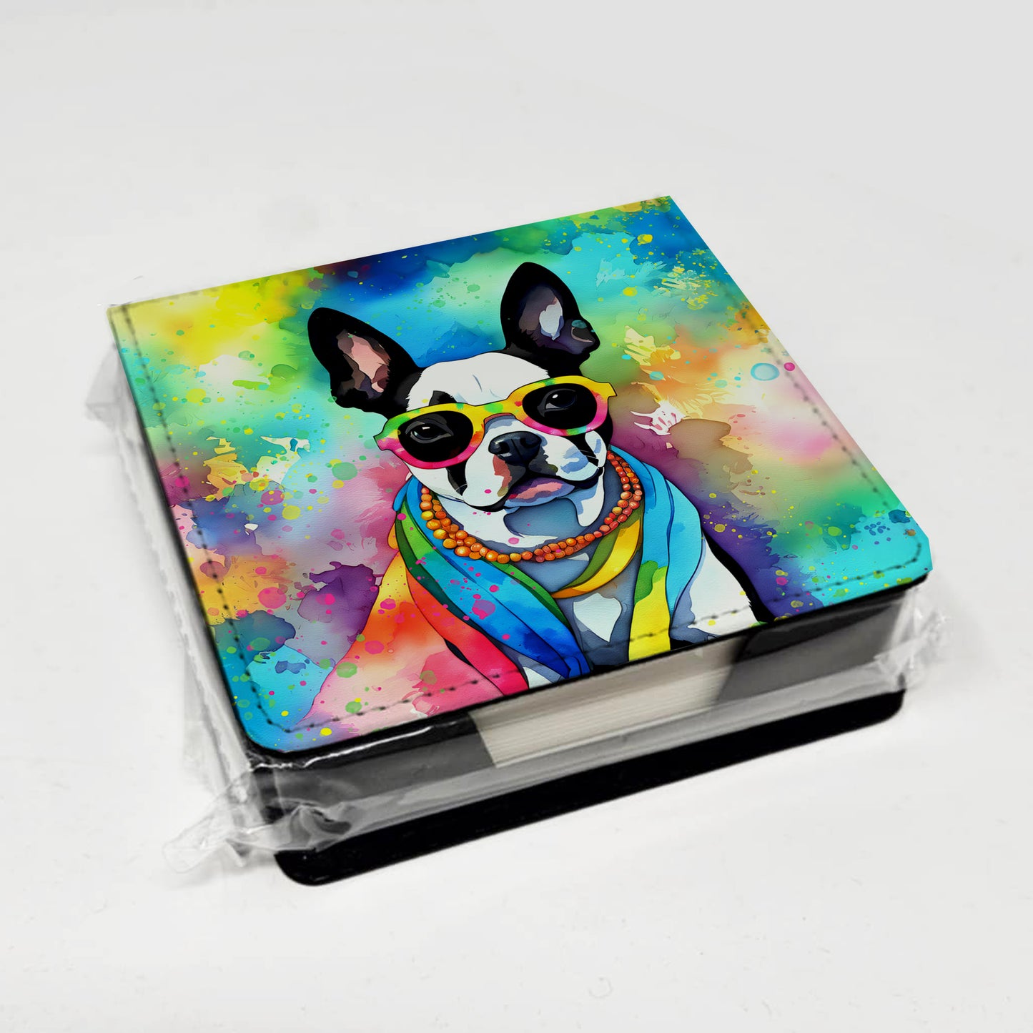 Boston Terrier Hippie Dawg PU Leather Note Paper Holder