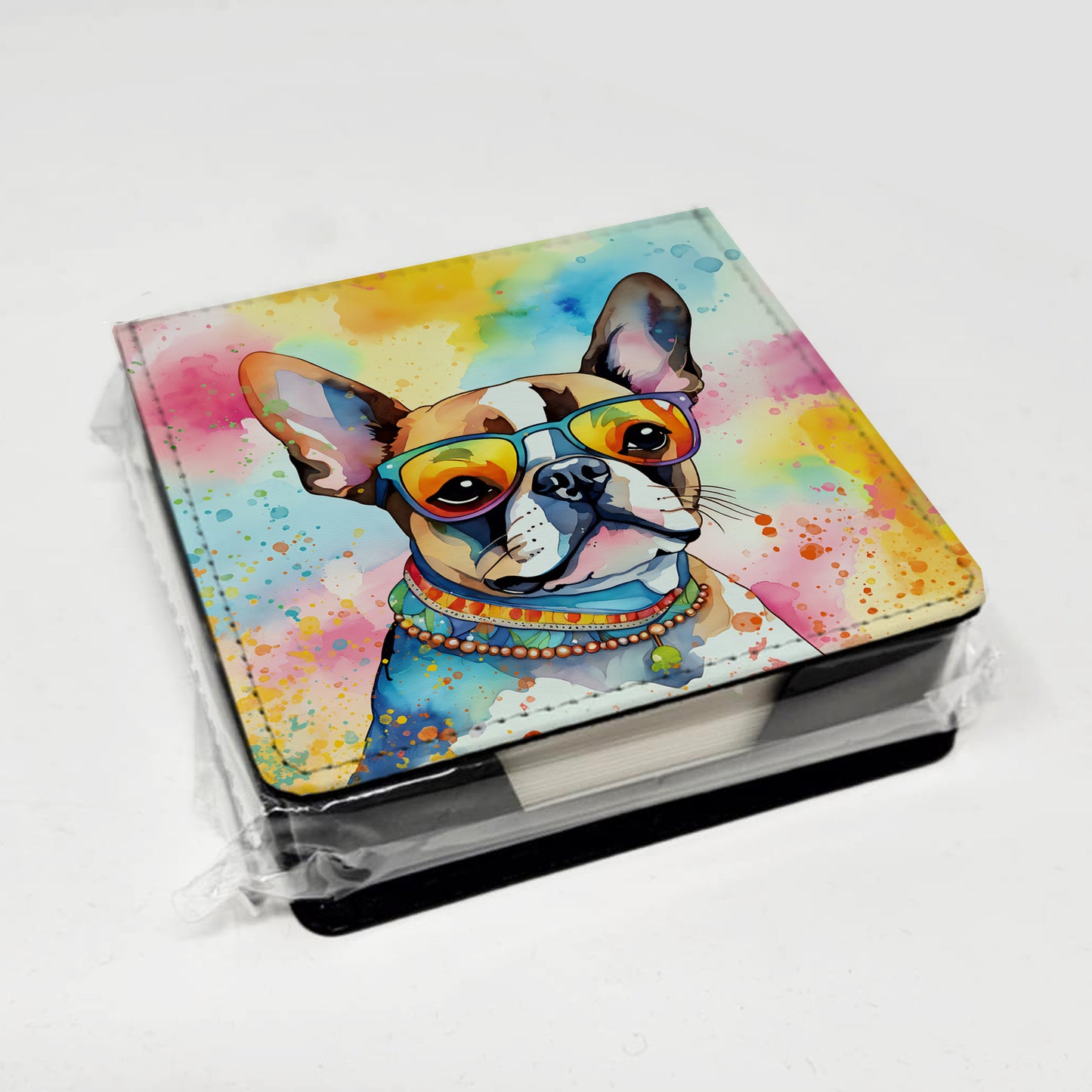 Boston Terrier Hippie Dawg PU Leather Note Paper Holder