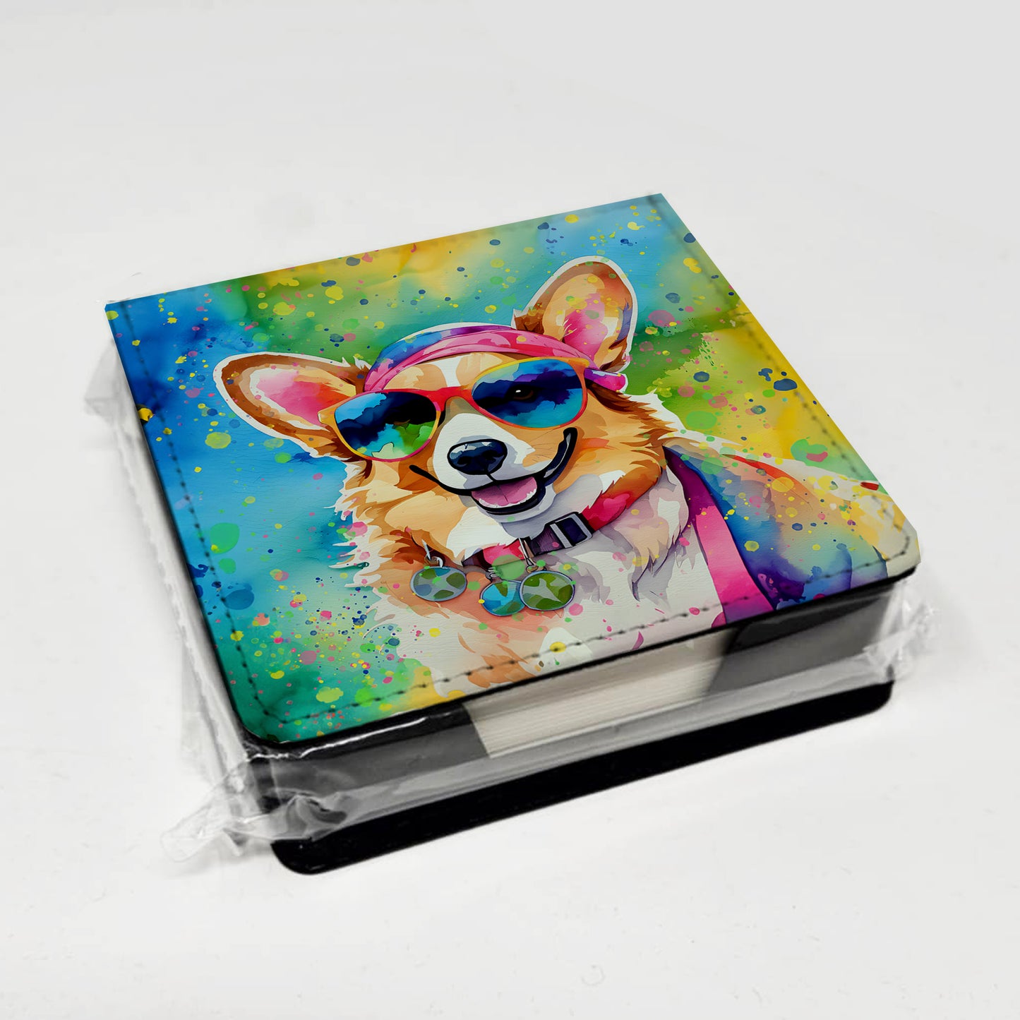 Corgi Hippie Dawg PU Leather Note Paper Holder