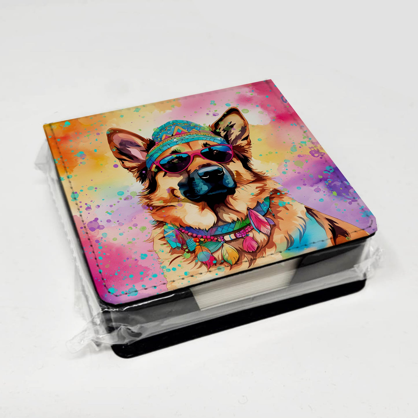German Shepherd Hippie Dawg PU Leather Note Paper Holder