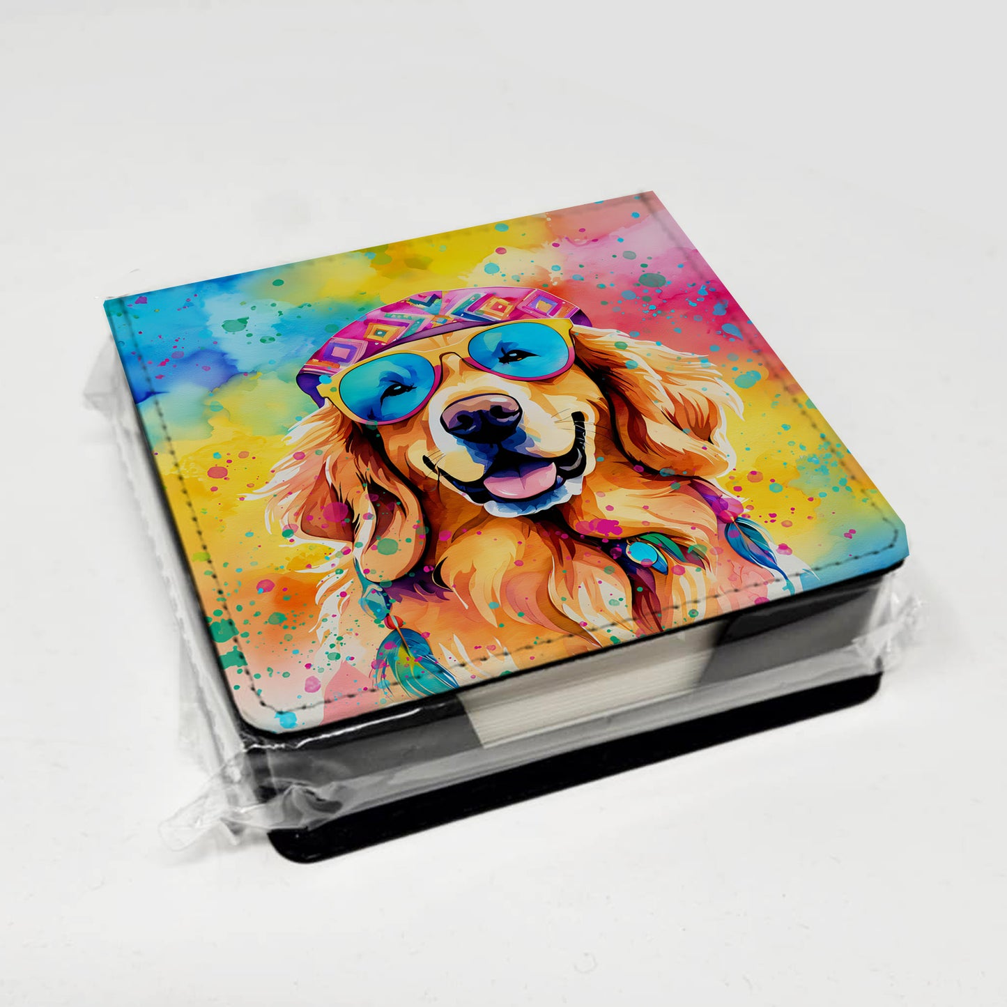 Golden Retriever Hippie Dawg PU Leather Note Paper Holder