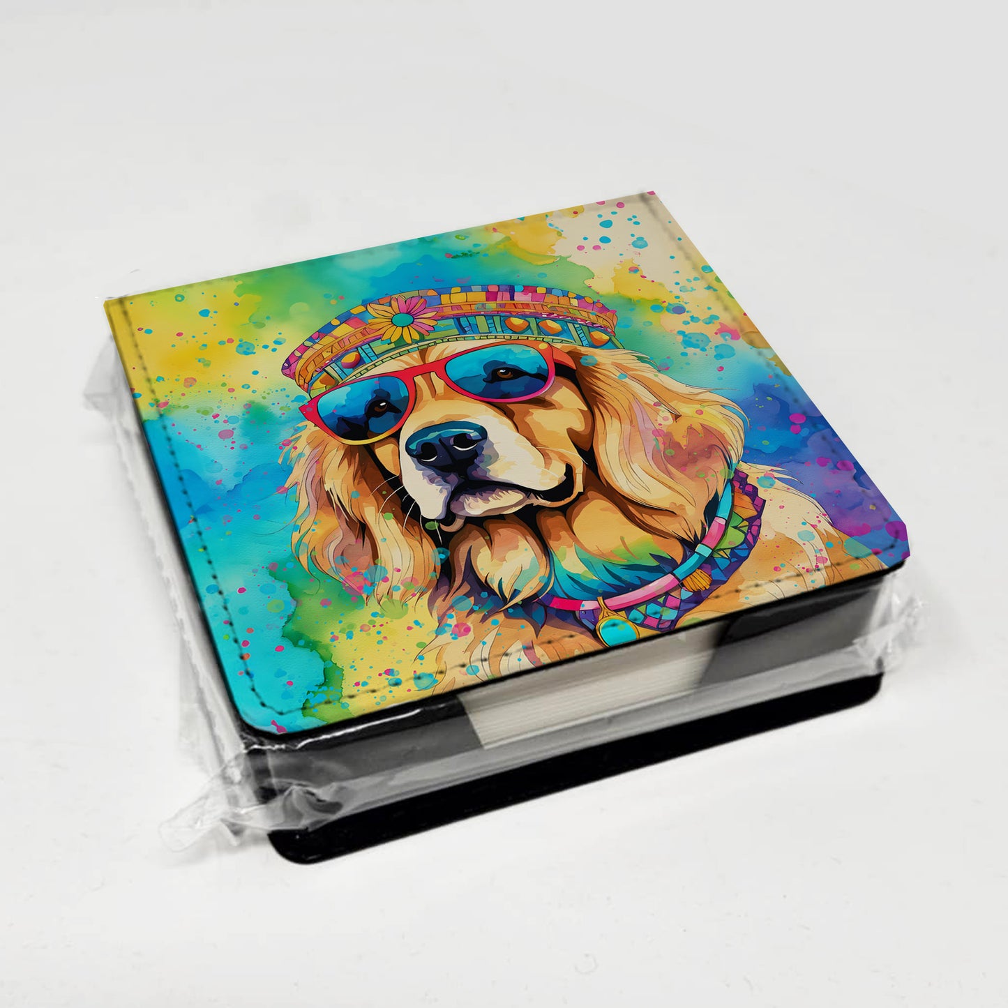 Golden Retriever Hippie Dawg PU Leather Note Paper Holder
