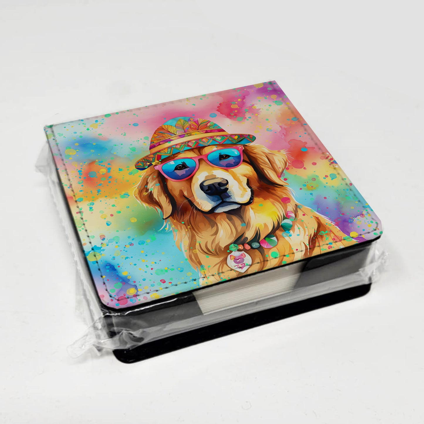 Golden Retriever Hippie Dawg PU Leather Note Paper Holder