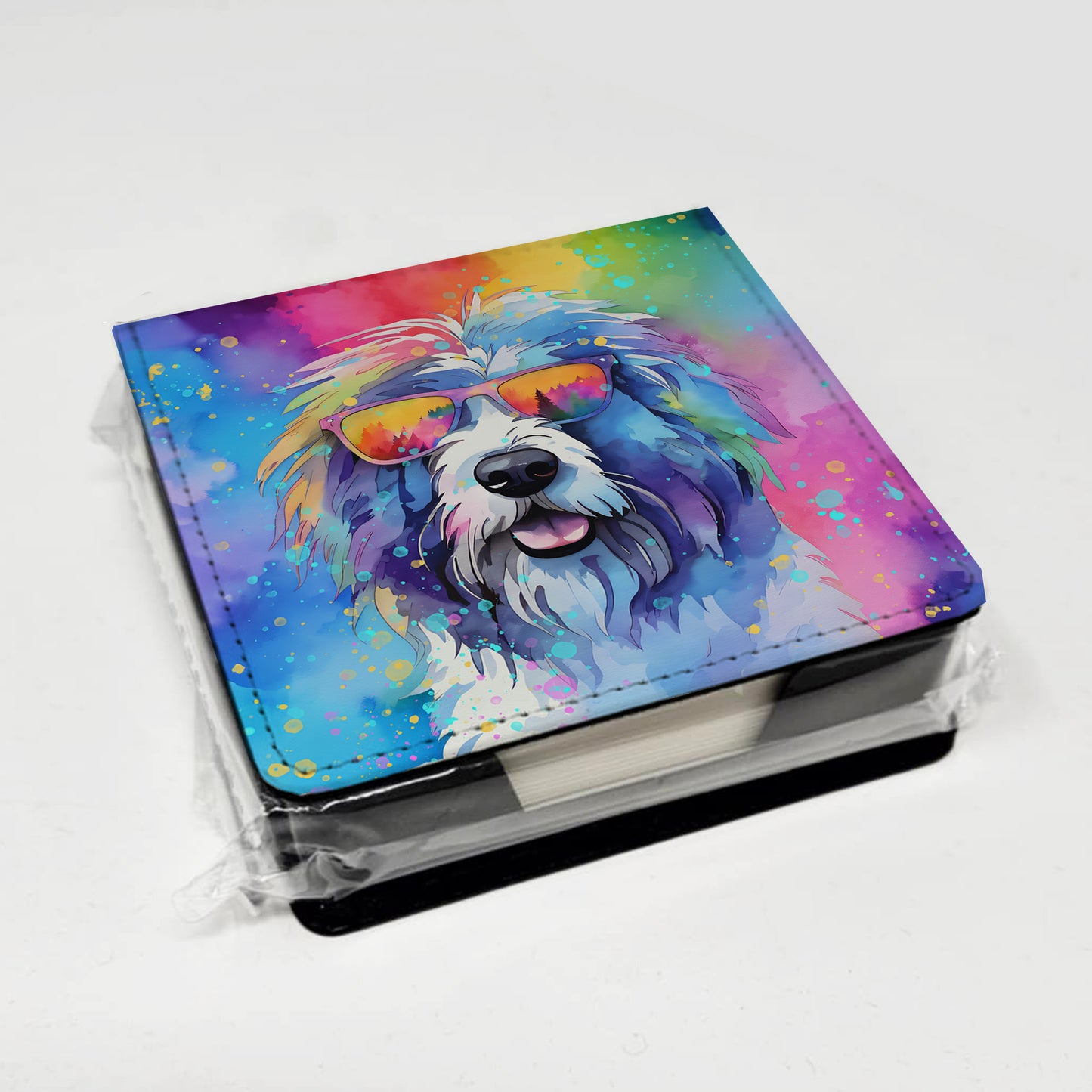 Old English Sheepdog Hippie Dawg PU Leather Note Paper Holder