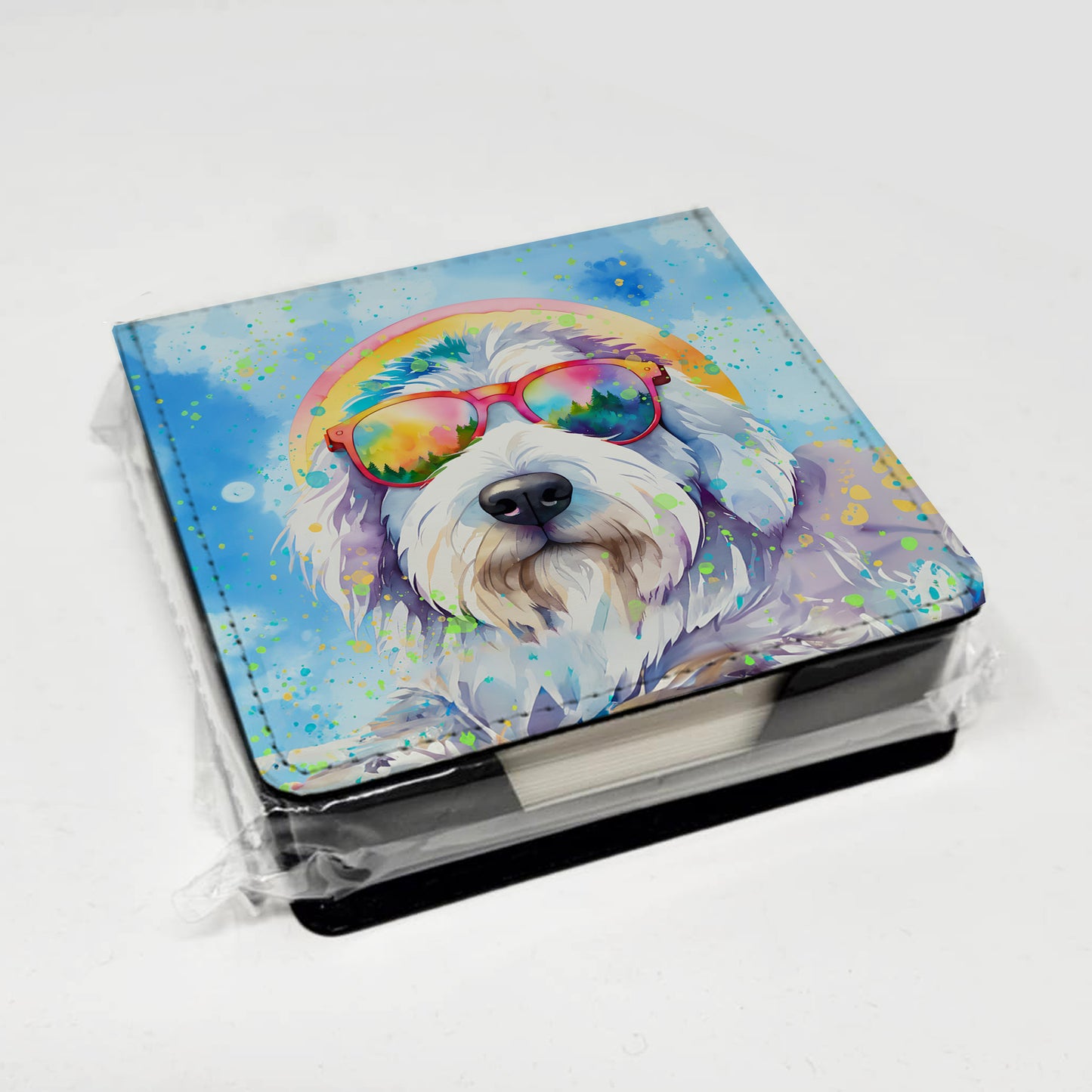 Old English Sheepdog Hippie Dawg PU Leather Note Paper Holder