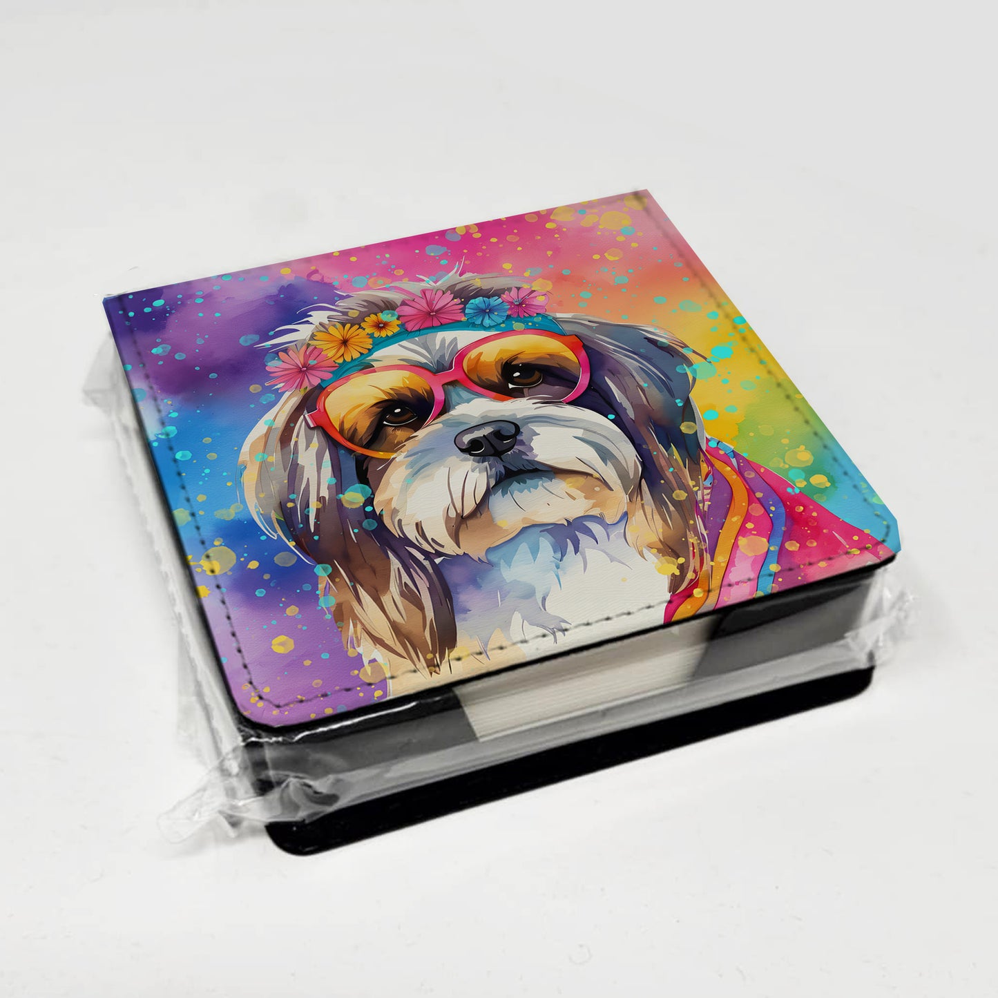 Shih Tzu Hippie Dawg PU Leather Note Paper Holder