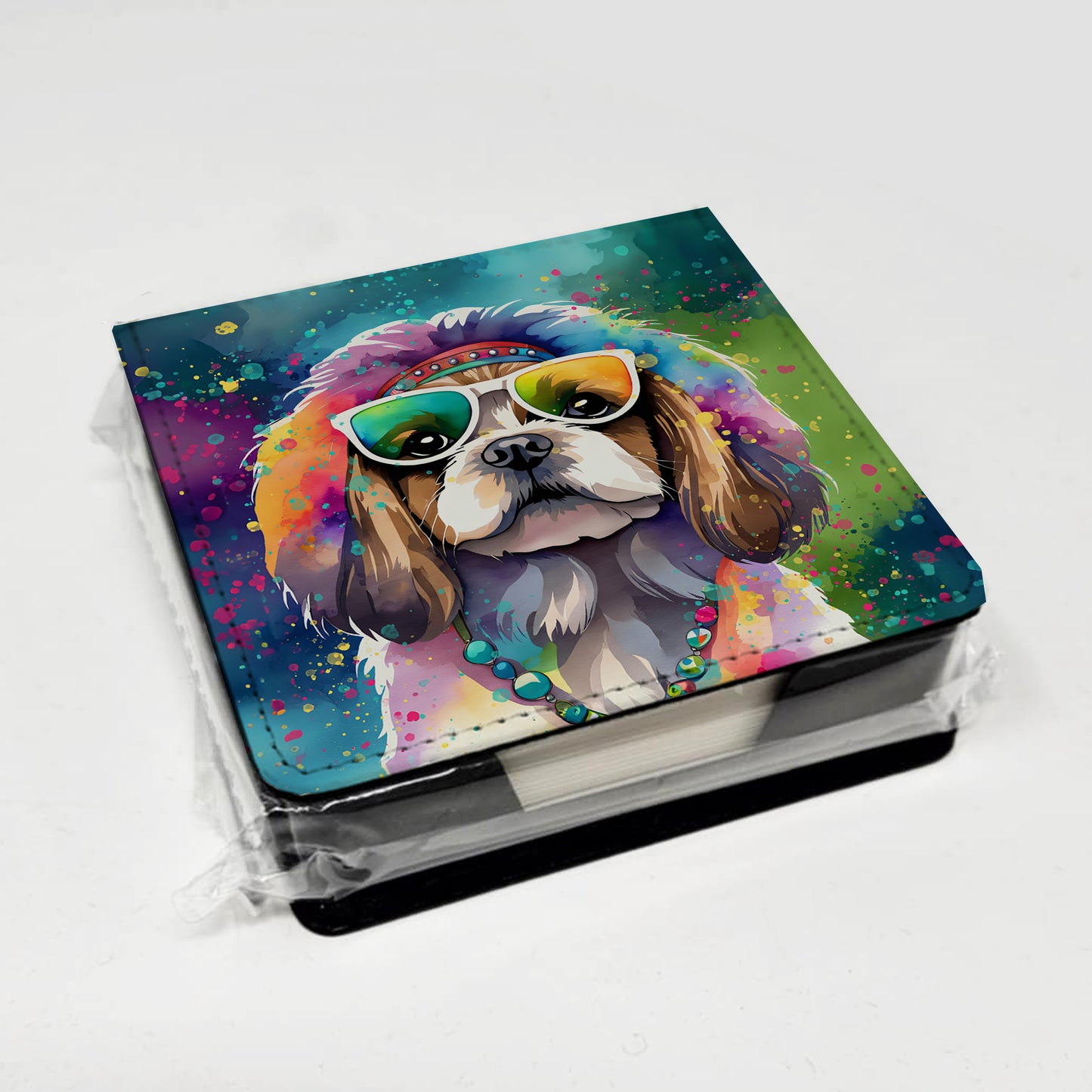 Shih Tzu Hippie Dawg PU Leather Note Paper Holder