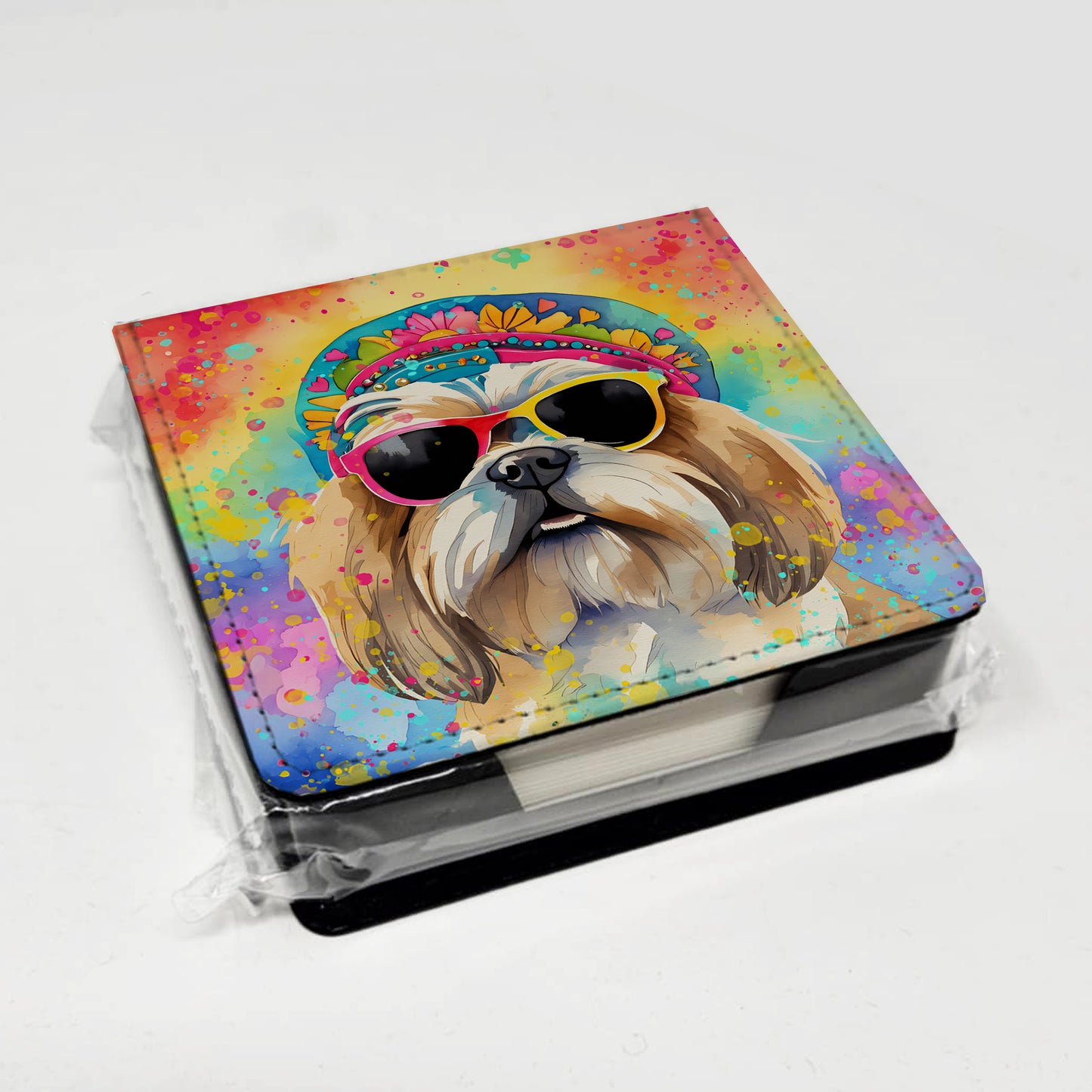 Shih Tzu Hippie Dawg PU Leather Note Paper Holder