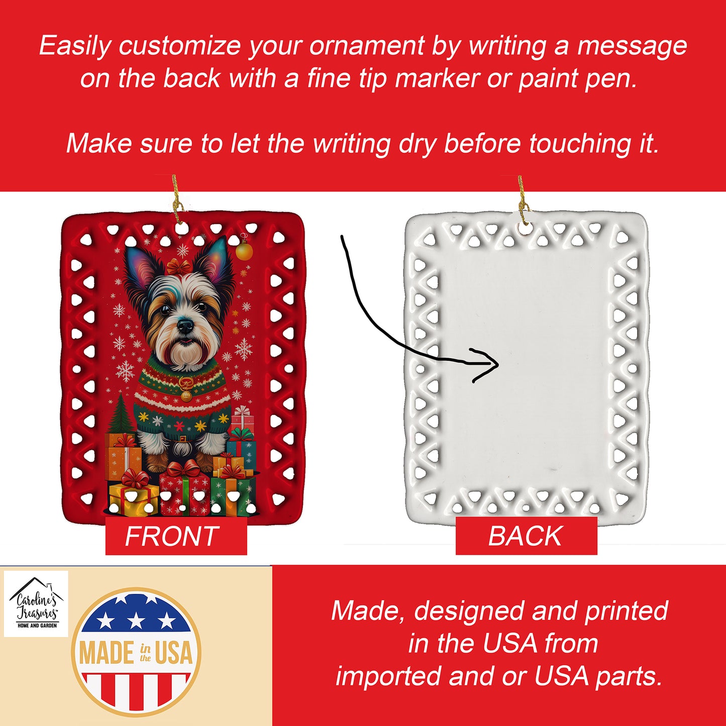 Biewer Terrier Holiday Christmas Porcelain Ornament