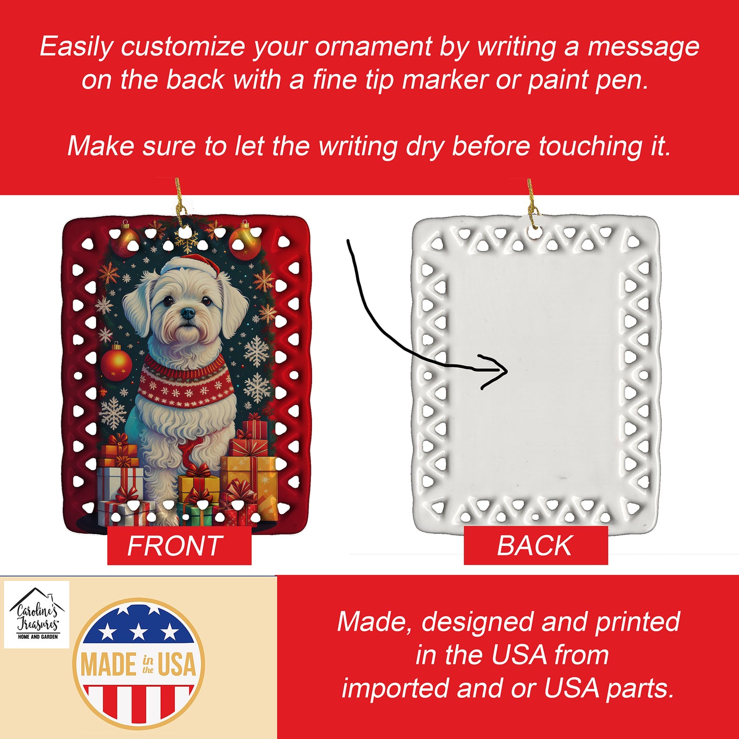 Maltese Holiday Christmas Porcelain Ornament