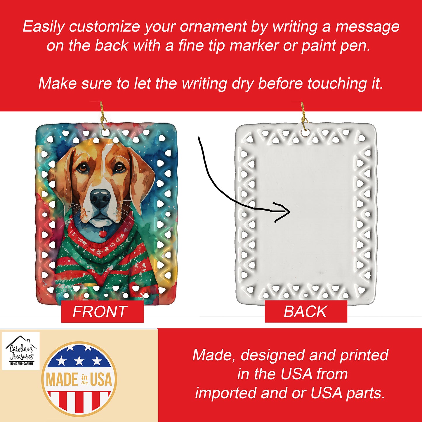 Beagle Christmas Porcelain Ornament