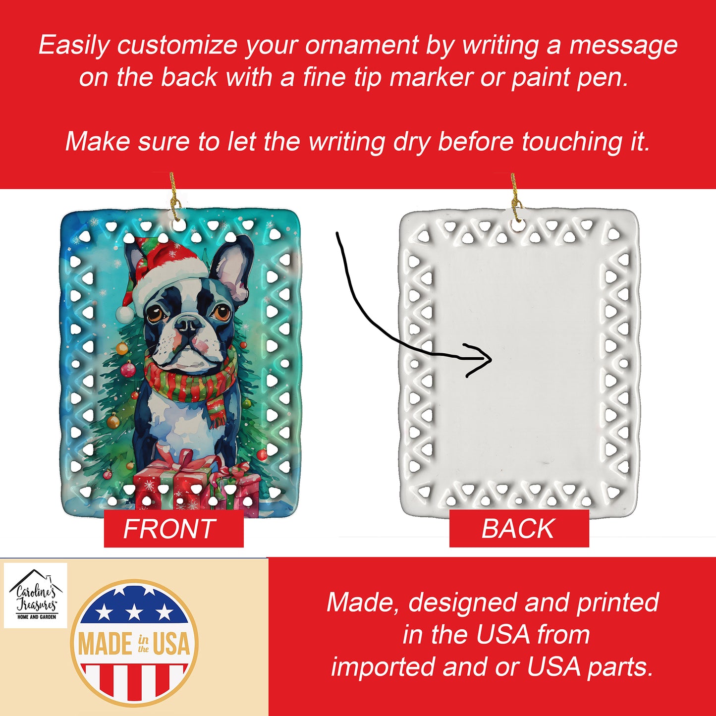 Boston Terrier Christmas Porcelain Ornament