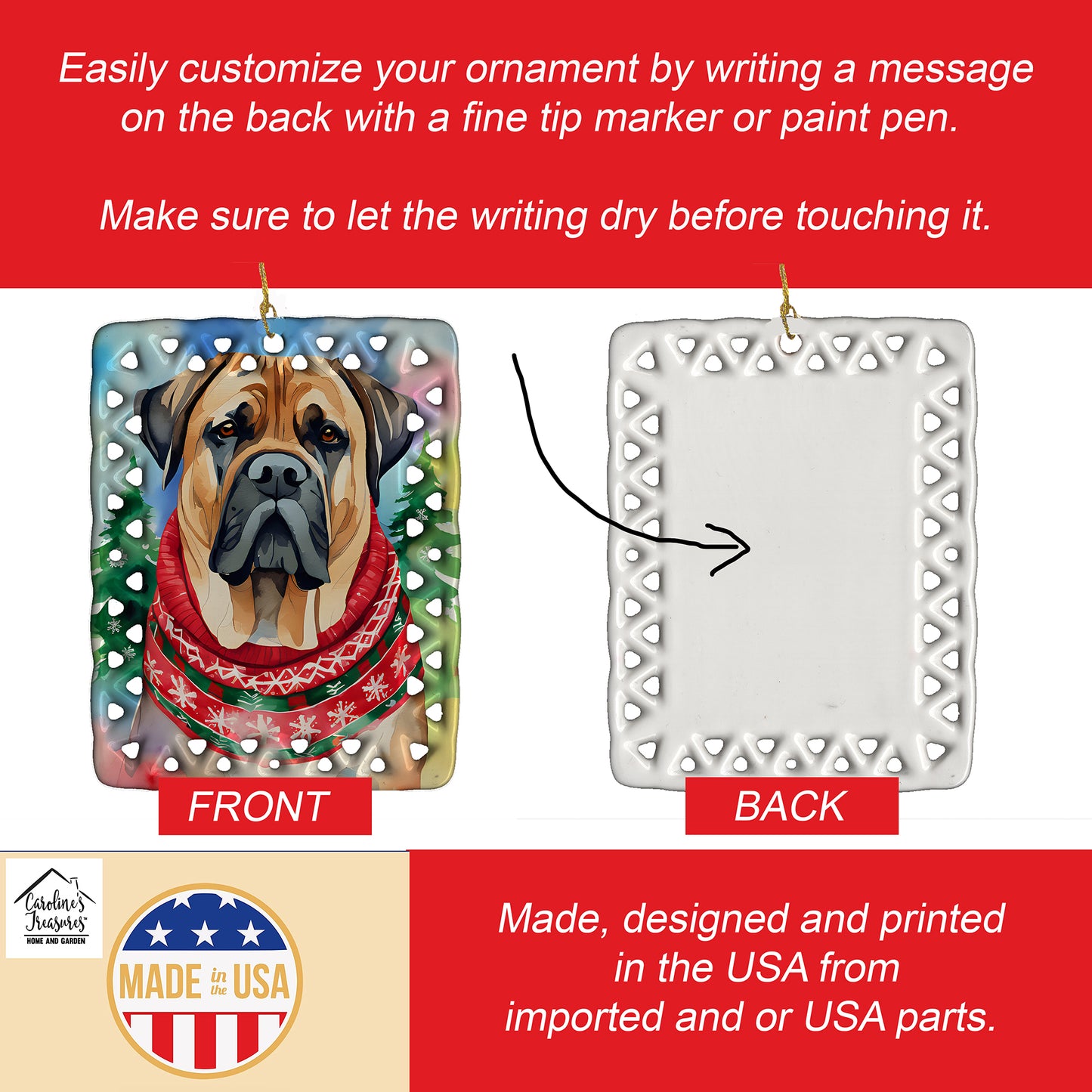 Mastiff Christmas Porcelain Ornament