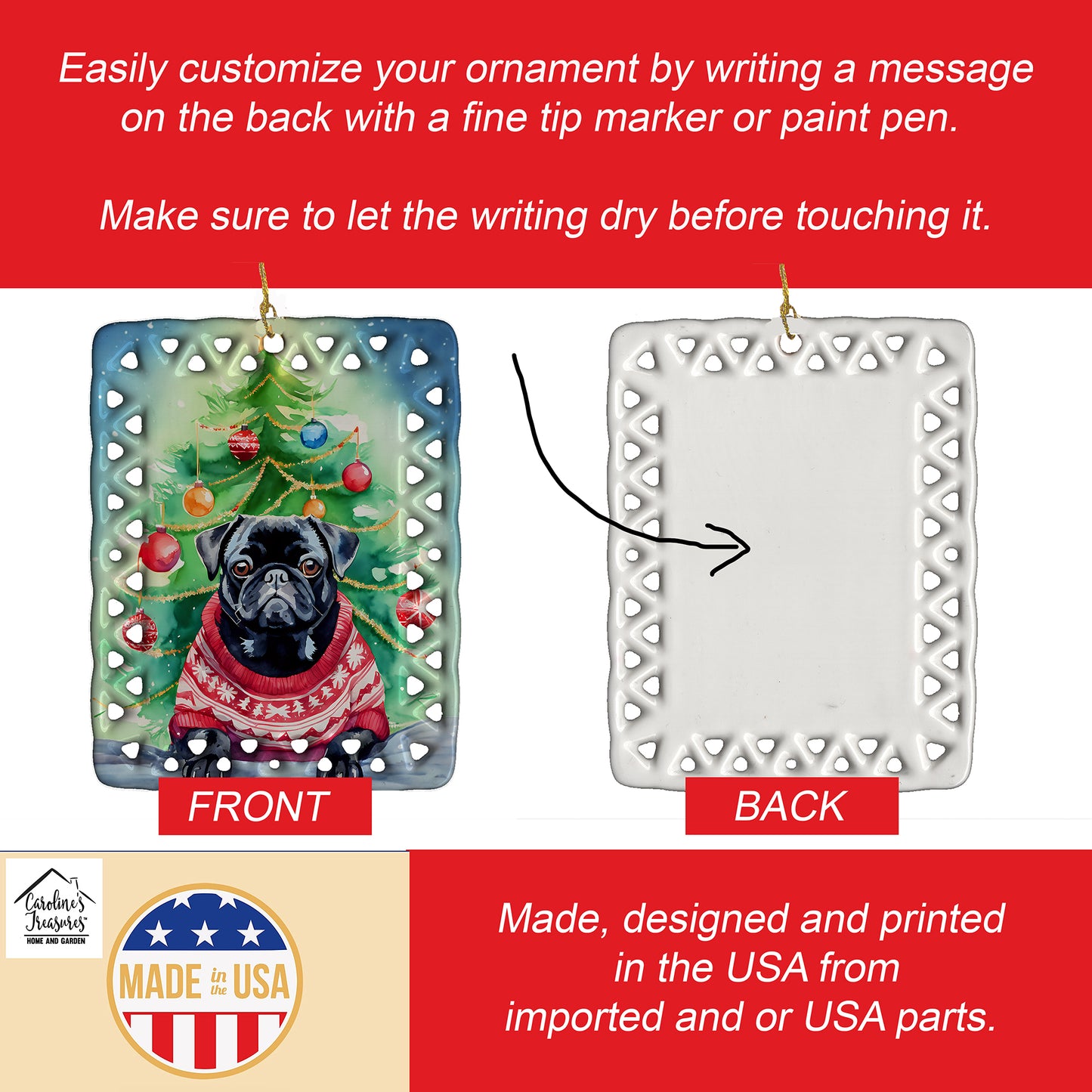 Pug Christmas Porcelain Ornament