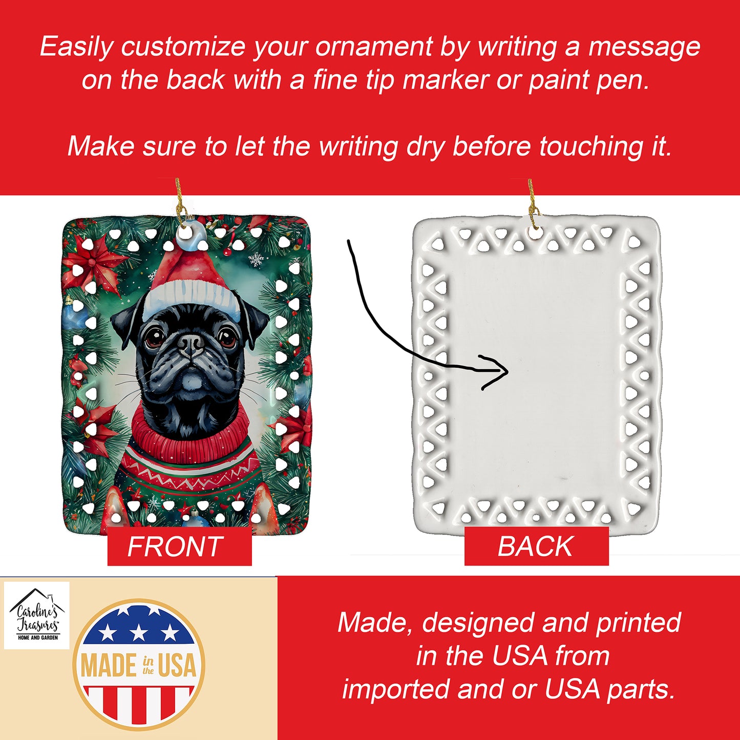 Pug Christmas Porcelain Ornament