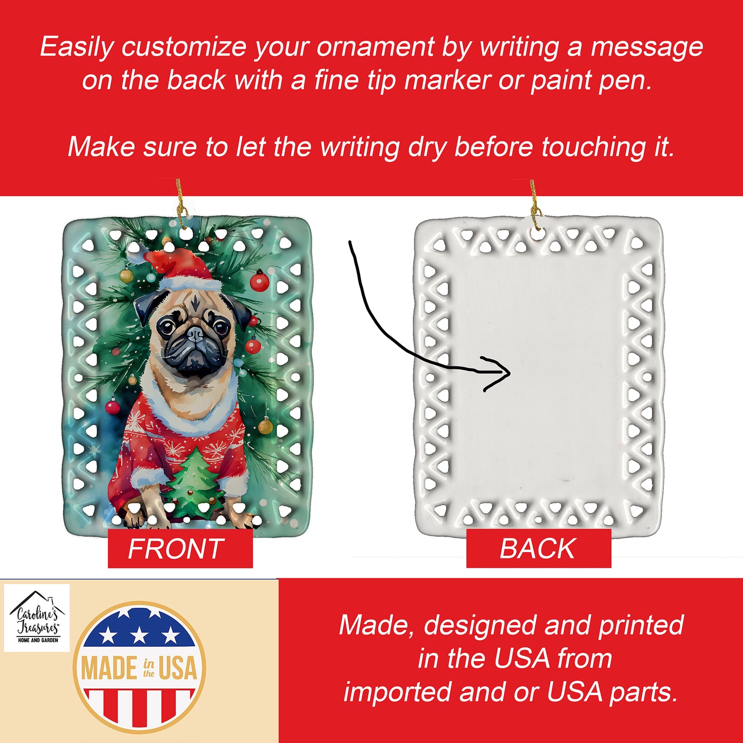 Pug Christmas Porcelain Ornament