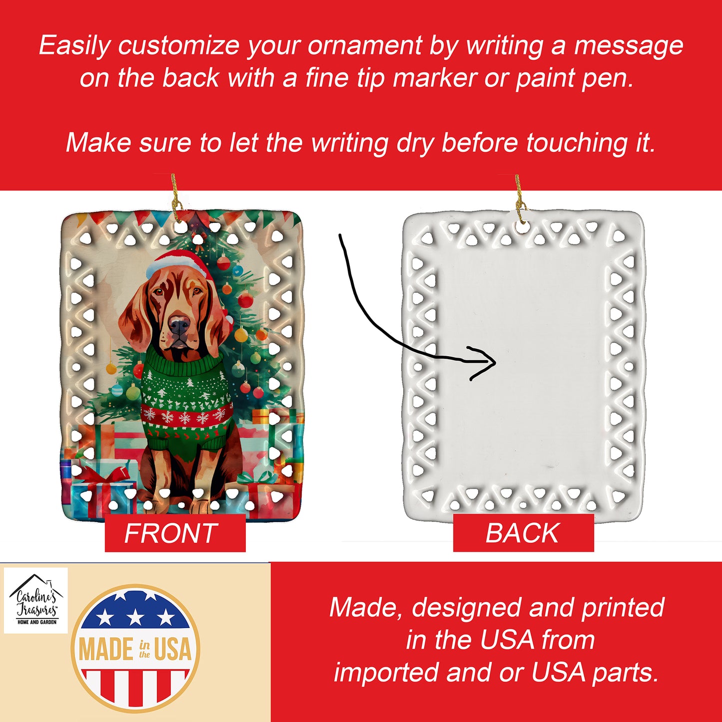 Vizsla Christmas Porcelain Ornament