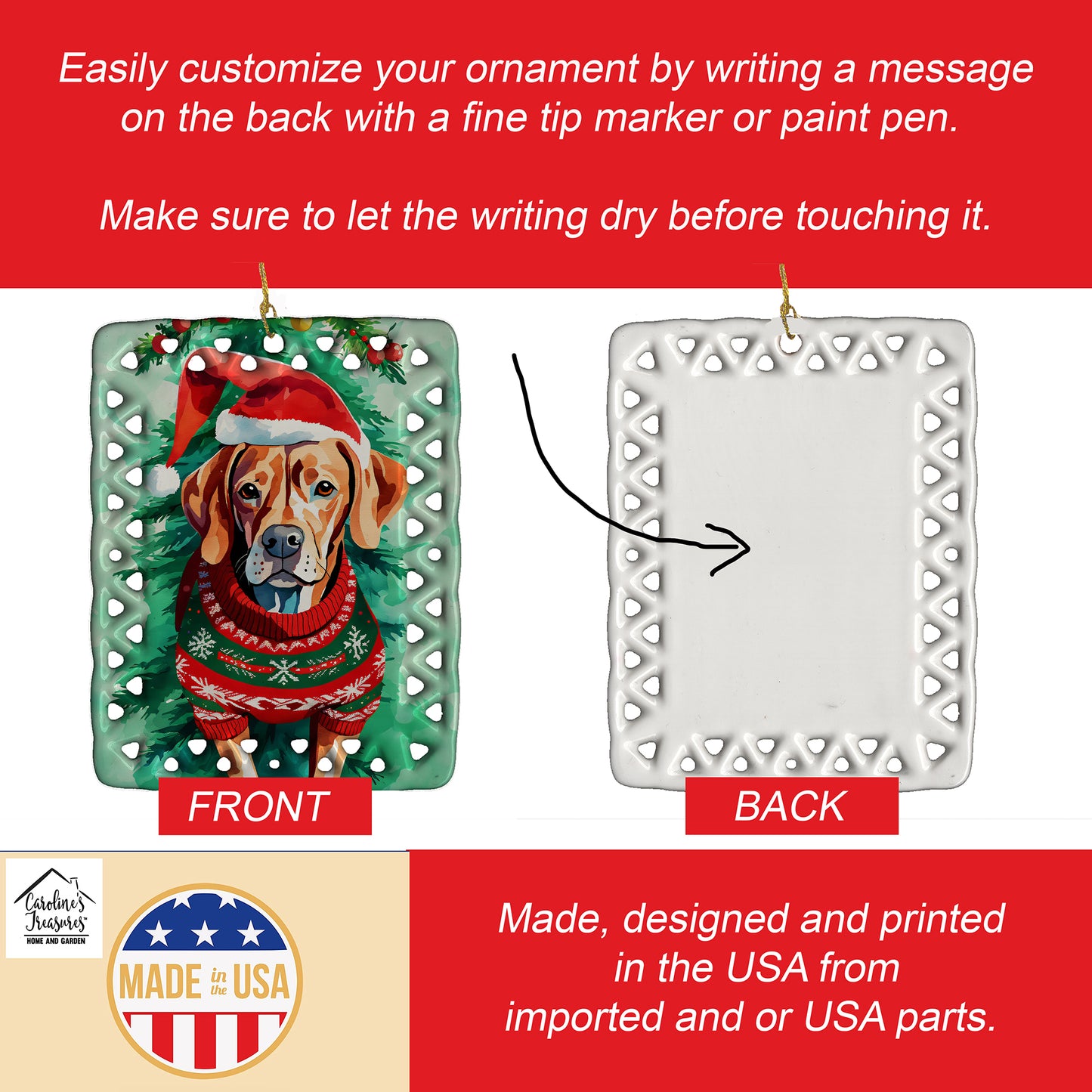 Vizsla Christmas Porcelain Ornament