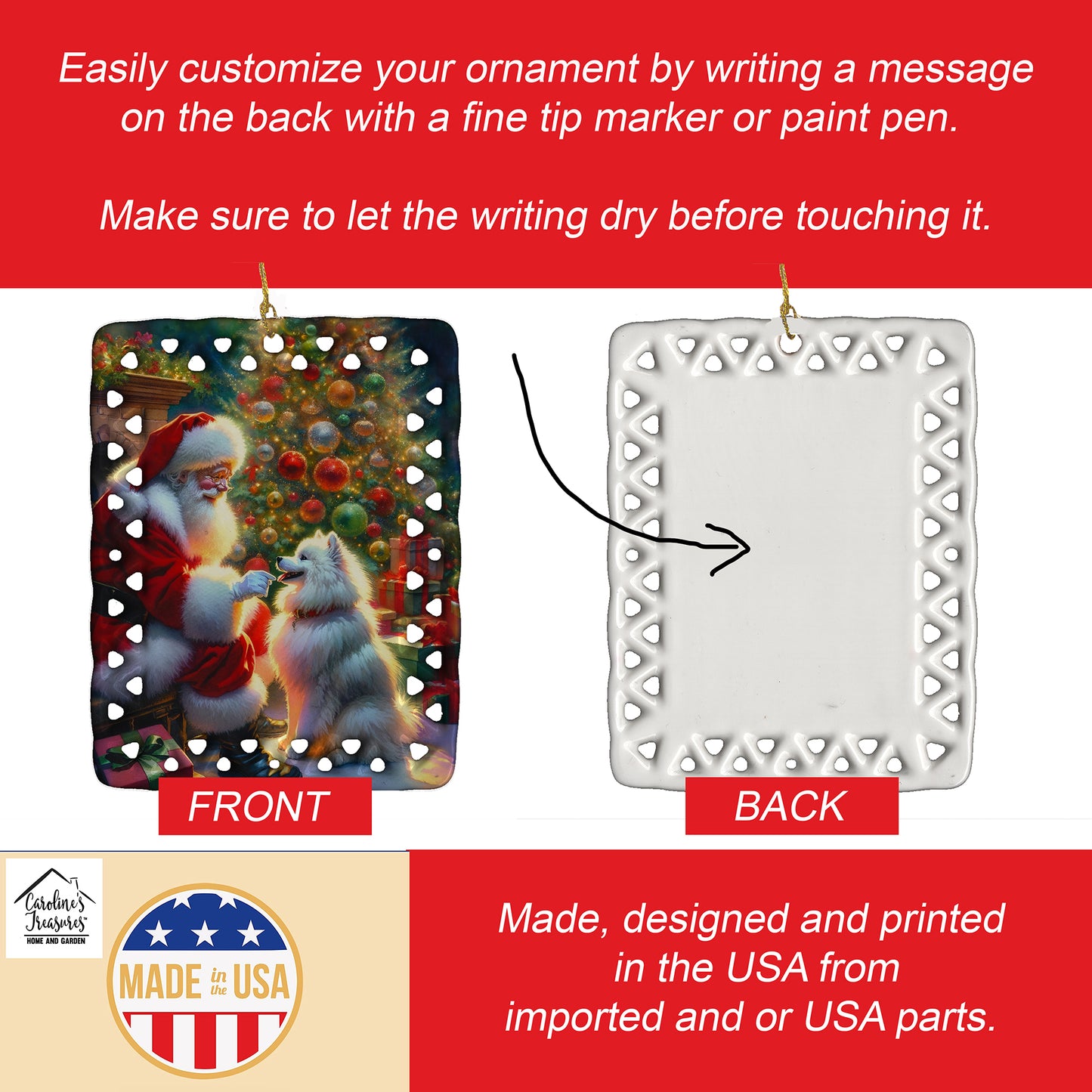 American Eskimo and Santa Claus Porcelain Ornament
