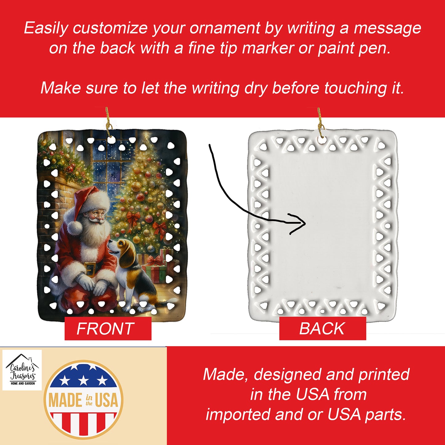 Beagle and Santa Claus Porcelain Ornament