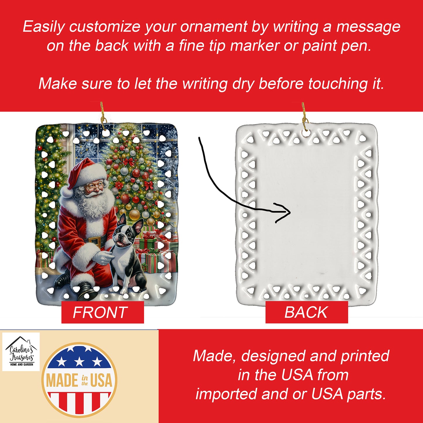 Boston Terrier and Santa Claus Porcelain Ornament