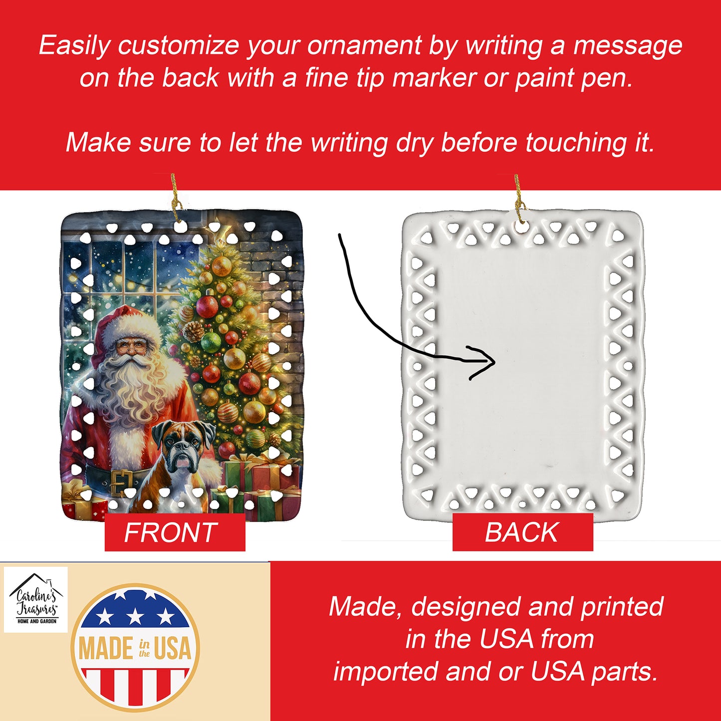 Boxer and Santa Claus Porcelain Ornament