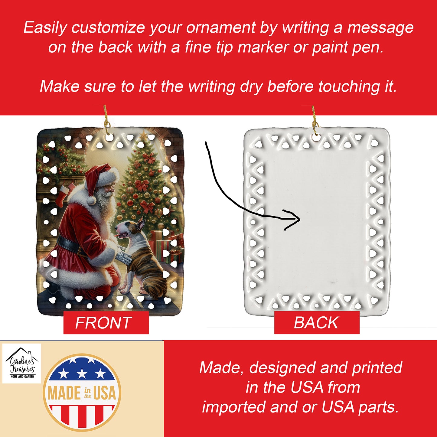 Bull Terrier and Santa Claus Porcelain Ornament
